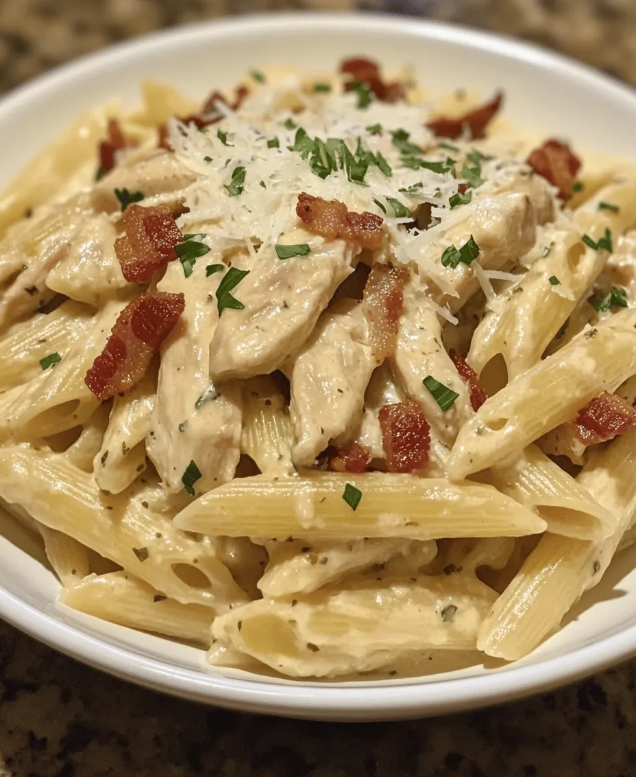 In the world of comfort food, few dishes resonate as much as a hearty pasta meal. Among the myriad of pasta recipes that grace our dinner tables, <strong></noscript>Creamy Chicken Bacon Ranch Pasta stands out as a beloved favorite for families and food enthusiasts alike. This dish combines succulent chicken, crispy bacon, and the robust flavor of ranch dressing into a creamy sauce that envelops perfectly cooked pasta. Its appeal lies in the delightful blend of flavors and textures that create a truly satisfying meal.” /></p>
<p></p>
<h3>Cooking the Bacon</h3>
<p></p>
<p>To achieve perfectly crispy bacon for your Creamy Chicken Bacon Ranch Pasta, start by choosing high-quality bacon. Thicker cuts tend to yield better results, as they maintain their texture and flavor when cooked. Begin by placing the bacon strips in a cold skillet; this allows the fat to render gradually, resulting in evenly cooked, crispy bacon.</p>
<p></p>
<p>Heat the skillet over medium heat and cook the bacon for about 8-10 minutes, flipping occasionally to ensure even browning. Keep an eye on the bacon as it cooks—overcooking can lead to burnt pieces that might alter the flavor of your dish. Once the bacon is crispy and browned to your liking, transfer it to a plate lined with paper towels to absorb any excess grease. This step not only keeps the bacon crispy but also prevents the pasta dish from becoming overly greasy.</p>
<p></p>
<h3>Sautéing the Chicken</h3>
<p></p>
<p>Next, it’s time to sauté the chicken. Begin by seasoning the chicken breasts with salt, pepper, and your choice of spices, such as garlic powder and onion powder, to enhance the flavor. Using a sharp knife, cut the chicken breasts into bite-sized pieces for even cooking and easier eating.</p>
<p></p>
<p>In the same skillet used for the bacon (after removing excess grease), add a tablespoon of olive oil and heat it over medium-high heat. The residual bacon fat will add flavor, so don’t worry about losing that essence. Add the chicken pieces in a single layer to avoid overcrowding the pan. Cook the chicken for about 5-7 minutes, turning occasionally, until it’s golden and cooked through. To ensure the chicken remains juicy, avoid overcooking by checking that the internal temperature reaches 165°F (75°C).</p>
<p></p>
<h3>Cooking the Garlic</h3>
<p></p>
<p>Timing is crucial when it comes to adding garlic to your dish. Garlic has a delicate flavor that can quickly turn bitter if overcooked. Once the chicken is fully cooked, push it to one side of the skillet, and add minced garlic to the empty space. Sauté the garlic for about 30 seconds, just until fragrant, making sure it doesn’t brown. This step will infuse the chicken and the dish with a rich, aromatic flavor, setting the stage for the creamy sauce that follows.</p>
<p></p>
<h3>Creating the Sauce</h3>
<p></p>
<p>Now, let’s create the creamy ranch sauce. To do this, pour in chicken broth and heavy cream, stirring to combine with the garlic and chicken. The broth adds depth, while the cream brings richness. Allow this mixture to simmer gently for about 5-10 minutes. Simmering helps meld the flavors together, creating a luscious sauce that adheres beautifully to the pasta.</p>
<p></p>
<p>As the sauce simmers, sprinkle in ranch seasoning mix—homemade or store-bought—stirring until it’s well incorporated. The ranch seasoning not only enhances the flavor but also complements the creaminess, making every bite irresistible.</p>
<p></p>
<h3>Adding the Cheese</h3>
<p></p>
<p>To achieve that signature creamy texture, it’s essential to add cheese properly. Once the sauce has thickened slightly, reduce the heat to low and gradually stir in shredded cheese, such as cheddar or a blend of cheeses. Add it in batches, allowing it to melt completely before adding more. This technique helps prevent clumping and ensures a smooth, velvety sauce. Taste the sauce and adjust the seasoning as needed, adding more salt, pepper, or ranch seasoning to suit your palate.</p>
<p></p>
<h3>Combining Ingredients</h3>
<p></p>
<p>With the sauce ready, it’s time to bring everything together. Cook your pasta according to the package instructions until al dente. Reserve a cup of pasta water before draining; this starchy water can be used to adjust the sauce’s consistency if needed.</p>
<p></p>
<p>Add the drained pasta to the skillet with the creamy chicken and ranch sauce, tossing everything together until the pasta is evenly coated. If the sauce seems too thick, gradually incorporate the reserved pasta water, a few tablespoons at a time, until you reach your desired consistency. This technique not only helps achieve the perfect texture but also ensures that every strand of pasta is enveloped in that creamy goodness.</p>
<p></p>
<h3>Serving Suggestions</h3>
<p></p>
<p>For the best dining experience, serve your Creamy Chicken Bacon Ranch Pasta hot, garnished with chopped fresh parsley or chives for a pop of color and freshness. This dish pairs beautifully with a simple side salad, such as a Caesar or garden salad, which adds a refreshing crunch and balances the richness of the pasta.</p>
<p></p>
<p>Consider offering warm, crusty bread or garlic bread on the side for a heartier meal. This not only mops up the remaining sauce but also complements the flavors of the dish.</p>
<p></p>
<h3>Nutritional Information</h3>
<p></p>
<p>A serving of Creamy Chicken Bacon Ranch Pasta is not just delicious but also nutritionally balanced. Here’s a breakdown of its key components:</p>
<p></p>
<p>– <strong>Protein</strong>: The chicken and bacon provide a substantial amount of protein, essential for muscle repair and overall health. A typical serving can offer around 30-40 grams of protein.</p>
<p>– <strong>Carbohydrates</strong>: The pasta contributes to the carbohydrate content, providing a quick source of energy. Depending on the type of pasta used, this could be around 40-60 grams per serving.</p>
<p>– <strong>Fats</strong>: The cream and cheese add healthy fats to the dish. While they enhance flavor and texture, they can also contribute to a higher calorie count, so moderation is key.</p>
<p></p>
<p>Health benefits include the protein from the chicken, which supports muscle growth, and the calcium from the cheese, essential for bone health. With the right balance of ingredients, this dish can be a fulfilling option for a family meal.</p>
<p></p>
<h3>Variations and Customizations</h3>
<p></p>
<p>This recipe is versatile and can be adjusted to suit various dietary needs and preferences. Here are some ideas for customizations:</p>
<p></p>
<p>– <strong>Gluten-Free Option</strong>: Substitute traditional pasta with gluten-free pasta options made from rice, quinoa, or chickpeas to accommodate gluten sensitivities without sacrificing flavor.</p>
<p>– <strong>Vegetable Additions</strong>: Boost the nutritional value by incorporating vegetables like fresh spinach, broccoli, or bell peppers. These can be sautéed alongside the garlic for added texture and color.</p>
<p>– <strong>Alternative Proteins</strong>: Swap out the chicken for turkey or shrimp for a different flavor profile. Both options can be prepared similarly, ensuring delicious results.</p>
<p>– <strong>Cheese Variations</strong>: Experiment with different cheeses, such as pepper jack for a spicy kick or cream cheese for extra creaminess, to give the dish a unique twist.</p>
<p></p>
<h3>Pairing Suggestions</h3>
<p></p>
<p>To enhance your dining experience, consider these pairing suggestions:</p>
<p></p>
<p>– <strong>Salads</strong>: A light arugula salad with a lemon vinaigrette can provide a refreshing contrast to the creamy pasta. Alternatively, a classic Caesar salad with crispy croutons and parmesan can complement the richness of the dish.</p>
<p>– <strong>Bread</strong>: Serve with garlic bread or a warm baguette, perfect for dipping into the creamy sauce.</p>
<p>– <strong>Beverages</strong>: Pair the dish with a chilled white wine, like Sauvignon Blanc or Chardonnay, which can cut through the richness. For a non-alcoholic option, sparkling water with a hint of lemon is refreshing.</p>
<p></p>
<h3>Conclusion</h3>
<p></p>
<p>Creamy Chicken Bacon Ranch Pasta is a delightful combination of flavors and textures that brings comfort and satisfaction to any meal. With its creamy sauce, crispy bacon, and tender chicken, this dish is sure to become a family favorite.</p>
<p></p>
<p>The ease of preparation makes it a perfect choice for weeknight dinners or gatherings, while its versatility allows for endless variations to suit your preferences. Whether you’re enjoying it as is or customizing it with your favorite ingredients, this creamy pasta dish is bound to impress. Try making it at home, and you may find yourself reaching for seconds!</p>
<div id=