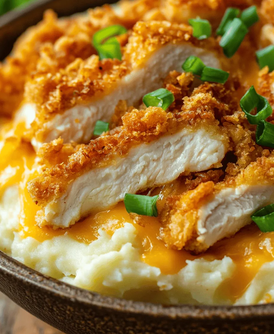 Comfort food holds a special place in our hearts and homes, often evoking fond memories of family gatherings, cozy evenings, and the warmth of shared meals. Among the many dishes that embody this sentiment, <strong></noscript>Cheesy Mashed Potato Casserole with Crispy Chicken stands out as a true crowd-pleaser. This dish not only satisfies your taste buds but also serves as a comforting embrace for the soul, making it a favored choice for families and friends alike.” /></p>
<p></p>
<h3>Tips for Frying the Chicken</h3>
<p></p>
<p>Achieving the perfect golden brown chicken for your Cheesy Mashed Potato Casserole is essential for both flavor and texture. Here are some tips to fry chicken that is crispy on the outside and juicy on the inside, avoiding any sogginess:</p>
<p></p>
<p>1. <strong>Use the Right Oil</strong>: Choose oils with a high smoke point, such as canola or peanut oil, for frying. This helps to achieve a crispier texture without burning the coating.</p>
<p></p>
<p>2. <strong>Temperature Matters</strong>: Before frying, ensure the oil is heated to about 350°F (175°C). Too low of a temperature will lead to greasy chicken, while too high can burn the coating before the chicken is cooked through. Use a kitchen thermometer to check the oil temperature.</p>
<p></p>
<p>3. <strong>Dry the Chicken</strong>: Pat the chicken pieces dry with paper towels before dredging them in flour. Removing excess moisture helps the coating adhere better and prevents steaming.</p>
<p></p>
<p>4. <strong>Seasoning is Key</strong>: Don’t skip seasoning the flour mixture. A blend of salt, pepper, garlic powder, and paprika can elevate the flavor of the chicken significantly.</p>
<p></p>
<p>5. <strong>Fry in Batches</strong>: Avoid overcrowding the pan, as this lowers the oil temperature. Fry the chicken in batches, allowing enough space for each piece to cook evenly.</p>
<p></p>
<p>6. <strong>Drain Properly</strong>: Once fried, place the chicken on a wire rack or paper towels to drain excess oil. This helps maintain the crispiness rather than letting the chicken sit in oil.</p>
<p></p>
<h3>Assembling the Casserole</h3>
<p></p>
<p>Once your chicken is perfectly fried, it’s time to assemble the casserole. Follow these steps for a beautiful layered dish:</p>
<p></p>
<p>1. <strong>Prepare the Mashed Potatoes</strong>: Ensure your mashed potatoes are creamy and well-seasoned before layering. You can add in some garlic or cheese for extra flavor.</p>
<p></p>
<p>2. <strong>Layering Technique</strong>: In a baking dish, spread half of the mashed potatoes at the bottom. Use a spatula to smooth them out evenly. This layer acts as a comforting base for the crispy chicken.</p>
<p></p>
<p>3. <strong>Adding the Chicken</strong>: Place the fried chicken pieces on top of the mashed potatoes, ensuring they are distributed evenly. This way, every bite has a perfect balance of chicken and potatoes.</p>
<p></p>
<p>4. <strong>Cheese Distribution</strong>: To achieve optimal melting, sprinkle shredded cheese (such as cheddar or mozzarella) evenly over the chicken. Consider mixing different types of cheese for added flavor complexity. Make sure to cover the chicken completely for that deliciously cheesy top layer.</p>
<p></p>
<p>5. <strong>Final Layer of Potatoes</strong>: If desired, you can add the remaining mashed potatoes on top of the cheese layer for a heartier casserole. Smooth them out carefully to avoid disturbing the cheese underneath.</p>
<p></p>
<h3>Baking the Casserole</h3>
<p></p>
<p>The baking process transforms your assembled casserole into a golden, bubbly delight. Here’s how to do it right:</p>
<p></p>
<p>1. <strong>Preheat Your Oven</strong>: Set your oven to 375°F (190°C). This temperature is perfect for evenly cooking the casserole without burning the cheese.</p>
<p></p>
<p>2. <strong>Bake Time</strong>: Place the casserole in the preheated oven and bake for about 25-30 minutes. You want the cheese to melt and bubble while the top gets a lovely golden color.</p>
<p></p>
<p>3. <strong>Signs of Readiness</strong>: Look for a golden brown crust on the cheese and bubbling around the edges of the dish. Insert a knife into the center; it should come out hot and clean. If the cheese is browning too quickly, you can cover the dish loosely with foil for the last few minutes of baking.</p>
<p></p>
<h3>Nutritional Considerations</h3>
<p></p>
<p>When enjoying a hearty dish like Cheesy Mashed Potato Casserole with Crispy Chicken, it’s important to consider its nutritional aspects:</p>
<p></p>
<h4>Caloric Content</h4>
<p></p>
<p>On average, a serving of this casserole (approximately 1 cup) contains around 450-500 calories. This includes the mashed potatoes, fried chicken, and cheese. While it is a comforting dish, moderation is key, especially if you are mindful of your caloric intake.</p>
<p></p>
<h4>Healthier Substitutions</h4>
<p></p>
<p>For those looking to lighten up this dish without sacrificing flavor, consider these substitutions:</p>
<p></p>
<p>– <strong>Greek Yogurt for Sour Cream</strong>: Swap out sour cream for Greek yogurt in the mashed potatoes for a protein boost and creaminess with fewer calories.</p>
<p></p>
<p>– <strong>Baked Chicken</strong>: Instead of frying, bake the chicken with a light coating of breadcrumbs and seasoning. This method reduces fat while still delivering a crispy texture.</p>
<p></p>
<p>– <strong>Low-Fat Cheese</strong>: Use low-fat cheese options or a smaller amount of a strong-flavored cheese to reduce calories while still enjoying cheesy goodness.</p>
<p></p>
<h3>Serving Suggestions</h3>
<p></p>
<p>To enhance your dining experience, consider the following tips for presenting and serving your Cheesy Mashed Potato Casserole with Crispy Chicken:</p>
<p></p>
<h4>Ideal Accompaniments</h4>
<p></p>
<p>– <strong>Fresh Salad</strong>: A light, crisp salad with a vinaigrette dressing complements the richness of the casserole. Ingredients like mixed greens, cherry tomatoes, and cucumbers work well.</p>
<p></p>
<p>– <strong>Steamed Vegetables</strong>: Add some color and nutrition with steamed vegetables like broccoli or green beans. Their crunchiness balances the creamy casserole.</p>
<p></p>
<h4>Beverage Pairings</h4>
<p></p>
<p>Pair your casserole with a refreshing beverage. A chilled white wine, such as Sauvignon Blanc, complements the richness of the cheese, while iced tea or lemonade adds a refreshing contrast.</p>
<p></p>
<h3>Presentation Tips</h3>
<p></p>
<p>To impress your family or guests, consider these presentation ideas:</p>
<p></p>
<p>– <strong>Garnish</strong>: Fresh herbs, such as parsley or chives, can add a pop of color and freshness. Sprinkle them over the top just before serving.</p>
<p></p>
<p>– <strong>Serving Dish</strong>: Use a stylish casserole dish that suits the occasion—something vibrant or rustic can add to the dining atmosphere.</p>
<p></p>
<p>– <strong>Individual Portions</strong>: For gatherings, consider serving individual portions in ramekins. This adds a personal touch and makes serving easier.</p>
<p></p>
<h3>Conclusion</h3>
<p></p>
<p>Cheesy Mashed Potato Casserole with Crispy Chicken is more than just a meal; it’s a comforting dish that brings family and friends together around the dinner table. With its creamy mashed potatoes, perfectly fried chicken, and a gooey cheese topping, it’s a recipe that promises joy and satisfaction with every bite. The process of making this casserole—layering, baking, and finally serving—creates lasting memories and traditions that can be passed down through generations.</p>
<p></p>
<p>Embrace the experience of cooking this delightful dish, knowing it will warm hearts and bellies alike. Whether you’re gathering around for a weeknight dinner or a festive occasion, this casserole is sure to become a cherished favorite in your home. Enjoy the flavors, share the love, and make every meal a memorable one.</p>
<div id=