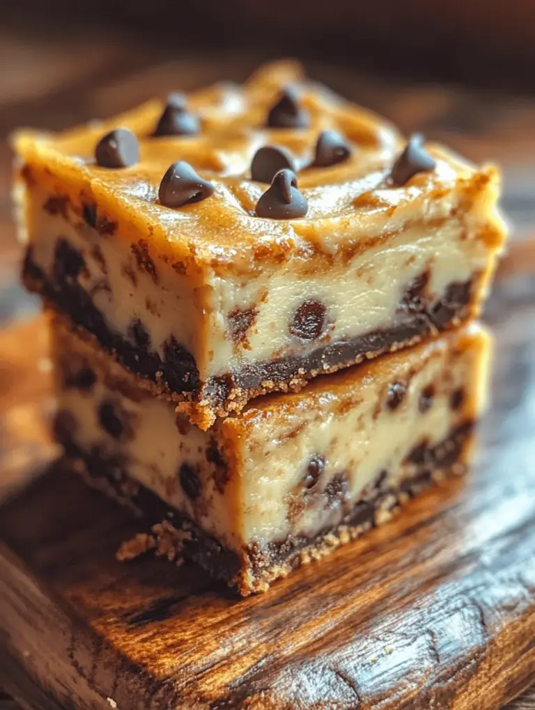 Welcome to the delightful world of desserts, where flavors intertwine to create something truly remarkable. Today, we are diving into a recipe that combines two of the most beloved treats in the dessert realm: chocolate chip cookies and creamy cheesecake. Introducing Chocolate Chip Cookie Cheesecake Bars, a perfect fusion that brings together the comforting taste of classic cookies with a rich, velvety cheesecake layer. These bars not only satisfy your sweet tooth but also provide a visually stunning presentation that is sure to impress family and friends.