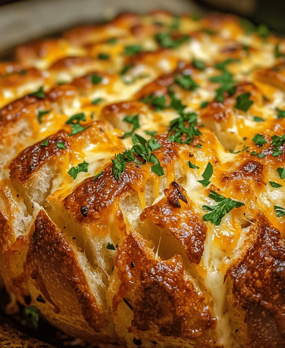 1. <strong></noscript>Preheat the Oven: Begin by preheating your oven to 375°F (190°C). Preheating is crucial for ensuring even baking, allowing the bread to achieve that perfect golden-brown color while the cheese melts to perfection. A properly preheated oven also helps the bread rise and create a delightful crust.” /></p>
<p></p>
<h2>How to Prepare the Garlic Butter Mixture for Optimal Flavor Infusion</h2>
<p></p>
<p>Creating the perfect garlic butter mixture is essential for ensuring that your Cheesy Pull-Apart Garlic Bread is flavorful and aromatic. To achieve this, start with high-quality unsalted butter, which allows you to control the saltiness of the dish. Here’s how to craft a rich and fragrant garlic butter:</p>
<p></p>
<p>1. <strong>Ingredients for Garlic Butter</strong>:</p>
<p>– ½ cup (1 stick) unsalted butter, softened to room temperature</p>
<p>– 4-6 cloves of garlic, finely minced (adjust according to your taste)</p>
<p>– 2 tablespoons fresh parsley, finely chopped (for color and freshness)</p>
<p>– 1 teaspoon of dried Italian herbs (like oregano or basil)</p>
<p>– Salt and pepper to taste</p>
<p></p>
<p>2. <strong>Method</strong>:</p>
<p>– In a medium bowl, combine the softened butter, minced garlic, chopped parsley, dried herbs, salt, and pepper.</p>
<p>– Mix well until all ingredients are thoroughly blended. You can use a fork or a small whisk to ensure a smooth consistency.</p>
<p>– For an even more intense flavor, consider letting the mixture sit for about 30 minutes at room temperature to allow the garlic and herbs to infuse the butter.</p>
<p></p>
<p>This homemade garlic butter will not only coat the bread beautifully but will also ensure that every bite is bursting with flavor.</p>
<p></p>
<h2>Preparing the Bread</h2>
<p></p>
<p>To create the ultimate cheesy experience, the preparation of the bread is crucial. Follow these steps to ensure your loaf is ready for the garlic butter and cheese stuffing:</p>
<p></p>
<h3>Techniques for Cutting the Bread Without Compromising Its Structure</h3>
<p></p>
<p>1. <strong>Choosing the Right Bread</strong>: A thick-crusted bread, like sourdough or a classic French loaf, works best for pull-apart bread. The sturdy crust will hold up to the stuffing and baking process.</p>
<p></p>
<p>2. <strong>Cutting the Bread</strong>:</p>
<p>– Place the loaf on a cutting board. Using a serrated bread knife, slice the loaf vertically and horizontally, creating a grid pattern. Be careful not to cut all the way through the bottom crust; you want to keep the base intact to hold the loaf together.</p>
<p>– Aim for about 1-inch gaps between each cut. This spacing allows for optimal cheese melting and flavor absorption without losing the structural integrity of the bread.</p>
<p></p>
<h3>Tips on Spreading the Garlic Butter Evenly</h3>
<p></p>
<p>Once your bread is cut, it’s time to infuse it with that delicious garlic butter mixture:</p>
<p></p>
<p>– Use a small spatula or a butter knife to spread the garlic butter mixture generously between each of the cuts. Make sure to get into every crevice for maximum flavor.</p>
<p>– For a deeper infusion, consider using a pastry brush to apply the garlic butter, allowing it to seep into the cuts more effectively.</p>
<p>– Don’t forget to apply some butter on the top of the loaf as well, ensuring that the surface will crisp up beautifully in the oven.</p>
<p></p>
<h2>Stuffing the Bread with Cheese</h2>
<p></p>
<p>Now comes the fun part—stuffing your bread with cheese. This step is essential for achieving that gooey, melty center that makes pull-apart garlic bread so irresistible.</p>
<p></p>
<h3>Techniques for Evenly Distributing the Cheese Throughout the Loaf</h3>
<p></p>
<p>1. <strong>Choosing Your Cheese</strong>: Opt for cheeses that melt well, such as mozzarella, cheddar, or Monterey Jack. You can mix and match for a unique flavor profile.</p>
<p></p>
<p>2. <strong>Stuffing the Cheese</strong>:</p>
<p>– Grate the cheese finely to ensure it melts evenly. For a more decadent experience, consider using a blend of cheeses.</p>
<p>– Carefully push the grated cheese into the cuts of the bread, ensuring that each section is filled. Use your fingers or a small spoon to pack the cheese in tightly.</p>
<p>– If desired, sprinkle some cheese on top of the loaf for an enticing cheesy crust.</p>
<p></p>
<h3>Suggestions for Additional Cheeses or Toppings for Customization</h3>
<p></p>
<p>– <strong>Cheese Variations</strong>: Add cream cheese for a rich, creamy texture, or incorporate pepper jack cheese for a spicy kick.</p>
<p>– <strong>Toppings</strong>: Consider adding cooked bacon bits, sautéed mushrooms, or sun-dried tomatoes for extra flavor and texture. Fresh herbs like basil or chives can also elevate the dish.</p>
<p></p>
<h2>Baking Process</h2>
<p></p>
<p>The baking process is vital to ensure that your Cheesy Pull-Apart Garlic Bread comes out perfectly golden and gooey.</p>
<p></p>
<h3>Step-by-Step Guide on Wrapping and Baking the Bread</h3>
<p></p>
<p>1. <strong>Preparation for Baking</strong>: Preheat your oven to 375°F (190°C). Once your bread is stuffed with garlic butter and cheese, wrap it in aluminum foil. This will help steam the bread while allowing the cheese to melt beautifully.</p>
<p></p>
<p>2. <strong>Baking Instructions</strong>:</p>
<p>– Place the wrapped loaf on a baking sheet and bake for 15-20 minutes.</p>
<p>– After this initial phase, carefully unwrap the foil to expose the top of the bread.</p>
<p></p>
<h3>Explanation of the Two-Phase Baking Process for Achieving Perfect Cheese Melt</h3>
<p></p>
<p>1. <strong>First Phase</strong>: The initial wrapping phase allows the bread to heat through and the cheese to start melting without browning too quickly. Keep a close eye on the time, as over-baking can dry out the bread.</p>
<p></p>
<p>2. <strong>Second Phase</strong>: Once unwrapped, bake for an additional 10-15 minutes, or until the cheese is bubbling, and the top is golden brown. This phase is crucial for achieving that crispy, cheesy crust.</p>
<p></p>
<h3>Visual Cues to Look For During Baking</h3>
<p></p>
<p>– <strong>Bubbly Cheese</strong>: The cheese should be visibly melted and bubbling through the cuts of the bread.</p>
<p>– <strong>Golden Edges</strong>: Look for a golden-brown crust on the top and edges of the loaf, indicating that it has reached the perfect crispness.</p>
<p></p>
<h2>Serving Suggestions</h2>
<p></p>
<p>When it comes to serving your Cheesy Pull-Apart Garlic Bread, presentation is key. Here are some ideas to enhance your serving experience:</p>
<p></p>
<h3>Ideas for Garnishing and Presenting the Cheesy Pull-Apart Garlic Bread</h3>
<p></p>
<p>– <strong>Garnish</strong>: Sprinkle freshly chopped parsley or chives over the loaf just before serving for a pop of color and freshness.</p>
<p>– <strong>Serving Platter</strong>: Place the bread on a rustic wooden board or a colorful platter to make it visually appealing. Serve it warm, and encourage guests to pull apart their pieces.</p>
<p></p>
<h3>Pairing Suggestions: Ideal Dishes or Drinks to Serve Alongside</h3>
<p></p>
<p>– <strong>Dipping Sauces</strong>: Serve with marinara sauce, creamy ranch, or a garlic aioli for dipping. These accompaniments enhance the flavor and add an interactive element to sharing the bread.</p>
<p>– <strong>Meal Pairings</strong>: This cheesy bread pairs beautifully with soups (like tomato basil), salads (Caesar or mixed greens), or as a side for pasta dishes. For a complete meal, consider serving it alongside grilled meats or vegetable stir-fries.</p>
<p>– <strong>Beverage Pairings</strong>: Complement the bread with a glass of white wine, such as a Sauvignon Blanc or Chardonnay, or a light beer for a casual touch.</p>
<p></p>
<h3>Suggestions for Using Leftover Bread (if Any)</h3>
<p></p>
<p>If you happen to have leftover Cheesy Pull-Apart Garlic Bread, don’t fret! Here are a couple of ideas to utilize those delicious remnants:</p>
<p></p>
<p>– <strong>Reheating</strong>: Wrap the leftover bread in foil and warm it in the oven for 10-15 minutes at 350°F (175°C) to revive its flavors and textures.</p>
<p>– <strong>Creative Recipes</strong>: Chop the leftover bread into cubes and use it for a savory bread pudding or croutons for salads. Alternatively, blend it into a breakfast strata for a cheesy breakfast dish.</p>
<p></p>
<h2>Nutritional Information</h2>
<p></p>
<p>Understanding the nutritional content of the Cheesy Pull-Apart Garlic Bread is essential for those monitoring their dietary intake.</p>
<p></p>
<h3>Overview of the Nutritional Content of the Recipe</h3>
<p></p>
<p>– <strong>Serving Size</strong>: Based on a standard loaf, if divided into 12 servings.</p>
<p>– <strong>Calories</strong>: Approximately 250 calories per serving, depending on the amount and type of cheese used.</p>
<p>– <strong>Fats</strong>: Contains around 15g of fat, mainly from the butter and cheese.</p>
<p>– <strong>Carbohydrates</strong>: Roughly 25g, primarily from the bread.</p>
<p></p>
<h3>Discussion on Dietary Considerations</h3>
<p></p>
<p>– <strong>Calories and Fats</strong>: This recipe is rich in calories and fats, which can be high for those on a strict diet. It’s advisable to enjoy it as an occasional treat rather than a regular meal.</p>
<p>– <strong>Potential Modifications for Healthier Alternatives</strong>:</p>
<p>– <strong>Whole Grain Bread</strong>: Use whole grain or whole wheat bread for added fiber and nutrients.</p>
<p>– <strong>Reduced Cheese</strong>: Consider using less cheese or opting for low-fat cheese varieties to cut down on calories and fat content.</p>
<p>– <strong>Butter Alternatives</strong>: Swap out some of the butter for olive oil to enhance the nutritional profile with healthier fats.</p>
<p></p>
<h2>Conclusion</h2>
<p></p>
<p>There’s something undeniably comforting about making and sharing Cheesy Pull-Apart Garlic Bread. The combination of warm, crusty bread infused with savory garlic butter and gooey melted cheese creates a satisfying treat that’s perfect for gatherings or quiet evenings at home.</p>
<p></p>
<p>This recipe not only showcases your culinary skills but also invites everyone to indulge in its cheesy goodness. Don’t hesitate to try this recipe at home, and experiment with your favorite cheeses and toppings to make it uniquely yours. The timeless appeal of this dish lies in its simplicity and the joy it brings to any meal.</p>
<p></p>
<p>Whether enjoyed as an appetizer, a side dish, or a delightful snack, Cheesy Pull-Apart Garlic Bread is sure to become a beloved staple in your kitchen. So gather your ingredients, follow the steps, and prepare to savor every delicious bite!</p>
<div id=