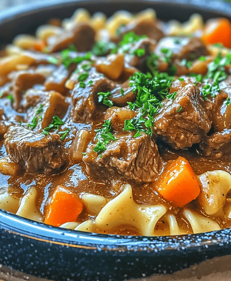 Imagine coming home after a long day to the warm, inviting aroma of a home-cooked meal wafting through the air. That’s the magic of <strong></noscript>Comforting Crockpot Beef Tips & Noodles—a dish that not only fills your belly but also warms your soul. This recipe is a staple for family dinners, offering a hearty meal that everyone can enjoy. The combination of tender beef tips, rich gravy, and comforting egg noodles creates a fulfilling experience that’s perfect for any occasion, from a chilly winter night to a casual Sunday gathering.” /></p>
<p></p>
<h3>Timing for Noodles</h3>
<p></p>
<p>When preparing Comforting Crockpot Beef Tips & Noodles, timing is crucial, especially when it comes to cooking the noodles. Cooking the noodles separately allows for better texture and ensures they don’t become mushy or overcooked. The goal is to have the noodles cooked to al dente perfection, providing a delightful contrast to the tender beef tips and rich sauce.</p>
<p></p>
<h4>Importance of Cooking Noodles Separately</h4>
<p></p>
<p>Cooking the noodles in a separate pot ensures they maintain their structure and don’t absorb too much liquid from the beef tips. This method also allows the noodles to be cooked precisely to your liking, ensuring they are ready right when your beef tips are finished in the crockpot.</p>
<p></p>
<h4>Tips for Achieving Al Dente Noodles</h4>
<p></p>
<p>To achieve the perfect al dente noodles:</p>
<p></p>
<p>1. <strong>Use Plenty of Water</strong>: Fill a large pot with water, ensuring enough space for the noodles to move freely. A general rule of thumb is to use about 4-6 quarts of water for every pound of pasta.</p>
<p></p>
<p>2. <strong>Salt the Water</strong>: Add a generous amount of salt to the boiling water (about 1 tablespoon per quart). This not only flavors the noodles but also enhances the overall dish.</p>
<p></p>
<p>3. <strong>Cook According to Package Instructions</strong>: Check the package for cooking times and begin checking the noodles for doneness about 2 minutes before the time indicated. Noodles should be firm to the bite, not soft.</p>
<p></p>
<p>4. <strong>Drain and Rinse</strong>: Once cooked, drain the noodles in a colander. Rinsing under cold water can stop the cooking process, but for this recipe, it’s best to toss them back into the pot to keep them warm.</p>
<p></p>
<h3>Combining Beef Tips and Noodles</h3>
<p></p>
<p>Once your beef tips are tender and flavorful, and your noodles are cooked al dente, it’s time to combine them. This step is essential to ensure the noodles are coated evenly with the rich sauce from the beef tips.</p>
<p></p>
<h4>Step-by-Step Guidance on Mixing Noodles with Beef Mixture</h4>
<p></p>
<p>1. <strong>Prepare the Sauce</strong>: Remove the lid from the crockpot and give the beef mixture a gentle stir to redistribute the sauce and ingredients.</p>
<p></p>
<p>2. <strong>Add the Noodles</strong>: Carefully add the drained noodles directly into the crockpot with the beef tips.</p>
<p></p>
<p>3. <strong>Toss Gently</strong>: Using tongs or a large spoon, gently toss the noodles with the beef mixture. This helps the noodles absorb the flavors without breaking apart.</p>
<p></p>
<p>4. <strong>Check Consistency</strong>: If the mixture seems too dry, you can add a splash of beef broth or reserved pasta water to moisten it. Aim for a balance where the noodles are coated but not swimming in sauce.</p>
<p></p>
<h4>Suggestions for Ensuring Even Coating of Sauce on the Noodles</h4>
<p></p>
<p>To ensure every noodle is beautifully coated in sauce, you can:</p>
<p></p>
<p>– Let the dish sit for a few minutes after mixing, allowing the noodles to soak up more of the sauce.</p>
<p>– Serve immediately with a sprinkle of fresh herbs, enhancing flavor and presentation.</p>
<p></p>
<h3>Thickening the Sauce (Optional)</h3>
<p></p>
<p>While the sauce from the crockpot is typically rich and flavorful, some may prefer a thicker consistency. Thickening the sauce can enhance the overall texture of the dish, creating a heartier feel.</p>
<p></p>
<h4>Overview of Why One Might Choose to Thicken the Sauce</h4>
<p></p>
<p>Thickening the sauce can help it cling better to the noodles, creating a more cohesive dish. Some might find a thicker sauce more satisfying, especially when serving it with bread or on a plate.</p>
<p></p>
<h4>Step-by-Step Instructions for Using Cornstarch</h4>
<p></p>
<p>To thicken your sauce using cornstarch, follow these steps:</p>
<p></p>
<p>1. <strong>Prepare a Cornstarch Slurry</strong>: In a small bowl, mix 1-2 tablespoons of cornstarch with an equal amount of cold water. Stir until smooth.</p>
<p></p>
<p>2. <strong>Add the Slurry to the Sauce</strong>: With the crockpot on high, slowly pour the cornstarch slurry into the sauce while stirring gently.</p>
<p></p>
<p>3. <strong>Cook Until Thickened</strong>: Allow the sauce to cook for an additional 10-15 minutes, stirring occasionally. The sauce will gradually thicken as it continues to heat.</p>
<p></p>
<h4>Discussing the Balance Between a Thick Sauce and a More Broth-Like Consistency</h4>
<p></p>
<p>Finding the right balance between a thick sauce and a broth-like consistency is essential. If you prefer a lighter dish, consider skipping the thickening step. If you enjoy a heartier sauce, feel free to adjust the amount of cornstarch to your preference, being mindful not to make it too thick, as it can overpower the dish.</p>
<p></p>
<h3>Serving Suggestions</h3>
<p></p>
<p>Presentation can elevate your Comforting Crockpot Beef Tips & Noodles from a simple meal to a delightful dining experience. Here are some creative ideas for serving:</p>
<p></p>
<h4>Ideas for Garnishing the Dish</h4>
<p></p>
<p>– <strong>Fresh Herbs</strong>: A sprinkle of chopped fresh parsley or chives brightens the dish and adds a pop of color.</p>
<p>– <strong>Grated Cheese</strong>: A light sprinkling of Parmesan cheese can add a savory touch.</p>
<p>– <strong>Cracked Black Pepper</strong>: A dash of freshly cracked black pepper enhances the flavor profile.</p>
<p></p>
<h4>Suggested Side Dishes or Accompaniments</h4>
<p></p>
<p>To round out your meal, consider pairing your beef tips with:</p>
<p></p>
<p>– <strong>Steamed Vegetables</strong>: Green beans, broccoli, or carrots offer a fresh contrast to the rich flavors of the beef.</p>
<p>– <strong>Garlic Bread</strong>: Perfect for soaking up any leftover sauce, garlic bread makes a tasty addition.</p>
<p>– <strong>Side Salad</strong>: A simple green salad with a light vinaigrette can balance the richness of the beef tips.</p>
<p></p>
<h4>Discussion on Portion Sizes and How It Serves as a Family Meal</h4>
<p></p>
<p>This Comforting Crockpot Beef Tips & Noodles recipe serves approximately 6-8 people, making it an excellent choice for family meals or gatherings. Portion sizes can be adjusted based on individual preferences, but this dish is filling enough to satisfy hearty appetites, especially when paired with side dishes.</p>
<p></p>
<h3>Nutritional Information</h3>
<p></p>
<p>Understanding the nutritional value of your meals is essential for making informed dietary choices. Here’s a breakdown of what you can expect per serving of Comforting Crockpot Beef Tips & Noodles:</p>
<p></p>
<p>– <strong>Calories</strong>: Approximately 400-500 calories per serving, depending on the cut of beef and preparation methods.</p>
<p>– <strong>Protein</strong>: High in protein, due to the beef, providing about 30-35 grams per serving.</p>
<p>– <strong>Carbohydrates</strong>: The noodles contribute around 45-50 grams of carbohydrates.</p>
<p>– <strong>Fat</strong>: Depending on the cut of beef, the dish may contain 15-20 grams of fat, primarily from the meat.</p>
<p></p>
<h4>Discussion on the Health Benefits of the Ingredients Used</h4>
<p></p>
<p>Beef is a rich source of protein, iron, and essential vitamins, contributing to muscle growth and overall health. Noodles provide carbohydrates, which serve as an energy source. Additionally, using fresh vegetables in the crockpot can add fiber and essential nutrients, making the dish more balanced.</p>
<p></p>
<h4>Tips for Modifying the Recipe for Dietary Restrictions</h4>
<p></p>
<p>– <strong>Gluten-Free Options</strong>: Substitute regular noodles with gluten-free pasta to accommodate gluten sensitivity.</p>
<p>– <strong>Low-Sodium Broth</strong>: Use low-sodium beef broth to reduce salt intake while still maintaining flavor.</p>
<p>– <strong>Lean Cuts of Beef</strong>: Opt for lean cuts like sirloin or flank steak to reduce fat content without sacrificing flavor.</p>
<p></p>
<h3>Conclusion</h3>
<p></p>
<p>In conclusion, Comforting Crockpot Beef Tips & Noodles epitomizes the warmth and ease of slow-cooked meals. This dish not only offers a satisfying experience but also provides the opportunity to gather around the table with loved ones. The preparation is straightforward, and the results are a comforting, hearty meal that’s perfect for any family gathering or cozy night in.</p>
<p></p>
<p>We encourage you to try this recipe and enjoy the delightful flavors that result from the simplicity of a crockpot. The joy of cooking and sharing meals with family is unparalleled, and this beef tips dish is sure to become a cherished favorite in your home. Whether it’s a weeknight dinner or a special occasion, this recipe promises warmth, comfort, and deliciousness in every bite.</p>
<div id=