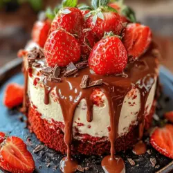 If you are a dessert enthusiast, then the Red Velvet Strawberry Cheesecake Delight is a culinary masterpiece you won’t want to miss. This enchanting dessert artfully combines the rich, velvety profile of red velvet cake with the creamy, luxurious texture of cheesecake, all while being adorned with fresh strawberries. The striking appearance of this dessert, with its deep red hue and white cheesecake layer, makes it a show-stopper that’s perfect for any occasion. Whether you’re celebrating a birthday, marking an anniversary, or hosting a holiday gathering, this delightful treat is sure to impress your guests and leave them craving more.