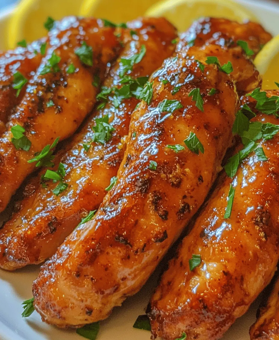 Chicken tenders have become a popular choice for many households, celebrated for their versatility and appeal to both adults and children alike. This beloved dish is not only a favorite at family dinners but also shines at casual gatherings and parties. The beauty of chicken tenders lies in their adaptability; they can be breaded, grilled, or baked, and they pair wonderfully with a variety of sauces and seasonings. Today, we’re going to elevate this classic dish with a delightful twist: <strong></noscript>Honey Lemon Pepper Chicken Tenders.” /></p>
<p></p>
<h3>Baking the Chicken</h3>
<p></p>
<p>Once you’ve marinated your chicken tenders in the delightful honey lemon pepper mixture, it’s time to transfer them to the oven for baking. Preheat your oven to 400°F (200°C) and prepare a baking sheet by lining it with parchment paper. This not only helps to prevent sticking but also makes cleanup a breeze.</p>
<p></p>
<p>When arranging the chicken tenders on the baking sheet, it’s crucial to leave some space between each piece. This allows for even cooking and ensures that the tenders crisp up beautifully. Avoid overcrowding the pan, as this can lead to steaming rather than baking, resulting in less desirable texture.</p>
<p></p>
<p>To check for doneness, use an instant-read thermometer inserted into the thickest part of the chicken. The internal temperature should reach 165°F (75°C) for safe consumption. Additionally, the chicken should be golden brown and slightly crispy on the outside. If you notice that the edges are beginning to brown but the center still looks undercooked, this is a good indicator that the tenders need a little more time in the oven.</p>
<p></p>
<h3>Broiling for Finish</h3>
<p></p>
<p>To achieve that perfect caramelized finish, broiling your chicken tenders is the next step. After baking for about 15-20 minutes, turn on the broiler and adjust the oven rack to the upper third of the oven. Broiling is a quick cooking method that uses high heat from above, creating a beautifully browned exterior that enhances the flavor profile of the honey lemon pepper.</p>
<p></p>
<p>Keep a close eye on the tenders during this process; broiling can quickly go from beautifully caramelized to burnt if you’re not vigilant. Typically, 2-4 minutes under the broiler is sufficient. Watch for the sugars in the honey to start bubbling and darkening, indicating that they are caramelizing. Rotate the baking sheet if necessary to ensure that all sides receive an even broil.</p>
<p></p>
<h3>Garnishing and Serving</h3>
<p></p>
<p>Presentation is an essential aspect of any dish, and garnishing your honey lemon pepper chicken tenders can elevate your meal significantly. Once the chicken is cooked and broiled to perfection, consider garnishing with freshly chopped parsley or a sprinkle of lemon zest. This not only adds a pop of color but also enhances the flavor.</p>
<p></p>
<p>For serving, you can plate the chicken tenders on a beautiful serving dish or directly onto individual plates. Pairing these tenders with complementary side dishes can create a well-rounded meal. Here are some fantastic suggestions:</p>
<p></p>
<p>– <strong>Vegetable Medley</strong>: Roasted or steamed seasonal vegetables such as asparagus, broccoli, or carrots can add vibrant colors and textures.</p>
<p>– <strong>Salads</strong>: A light lemony arugula salad with cherry tomatoes and a simple vinaigrette would complement the flavors beautifully.</p>
<p>– <strong>Grain Dishes</strong>: Serve with a side of fluffy quinoa, brown rice, or couscous for a fulfilling and nutritious addition to your meal.</p>
<p></p>
<p>For a refreshing beverage, consider pairing your chicken with a chilled glass of white wine, such as Sauvignon Blanc, or a sparkling water infused with lemon for a non-alcoholic option.</p>
<p></p>
<h3>Nutritional Information</h3>
<p></p>
<p>Understanding the nutritional content of your meals is vital for maintaining a balanced diet. Here is a breakdown of the nutritional values per serving of honey lemon pepper chicken tenders:</p>
<p></p>
<p>– <strong>Calories</strong>: Approximately 250 calories</p>
<p>– <strong>Protein</strong>: 25 grams</p>
<p>– <strong>Carbohydrates</strong>: 10 grams</p>
<p>– <strong>Fats</strong>: 12 grams</p>
<p>– <strong>Vitamins and Minerals</strong>: Rich in Vitamin C (from lemon) and a good source of iron (from chicken).</p>
<p></p>
<p>When considering portion control, it’s essential to balance your plate with protein, healthy fats, and carbohydrates. The honey lemon pepper chicken tenders provide a satisfying protein source, while pairing them with whole grains and vegetables can create a well-rounded meal.</p>
<p></p>
<h3>Cooking Tips and Variations</h3>
<p></p>
<p>This recipe is highly versatile and can be adapted to suit various dietary preferences. Here are some suggestions for altering the recipe:</p>
<p></p>
<p>– <strong>Gluten-Free</strong>: Ensure that all ingredients, especially the honey and any marinades, are gluten-free. You can also serve with gluten-free sides.</p>
<p>– <strong>Low-Carb Variant</strong>: Substitute traditional sides with low-carb options such as zucchini noodles or cauliflower rice.</p>
<p>– <strong>Spice it Up</strong>: If you enjoy heat, consider adding a pinch of cayenne pepper to the marinade for a spicy kick. Alternatively, fresh thyme or rosemary can introduce an earthy flavor profile.</p>
<p></p>
<p>For those who prefer different cooking methods, you can grill or pan-sear the chicken tenders for a slightly different texture and flavor. Grilling adds a nice charred taste, while pan-searing can give you more control over the cooking process and allow you to incorporate additional flavors by deglazing the pan.</p>
<p></p>
<h3>Pairing Suggestions</h3>
<p></p>
<p>Creating a complete meal involves selecting side dishes that enhance the main attraction. Here are some recommended pairings for your honey lemon pepper chicken tenders:</p>
<p></p>
<p>– <strong>Salad Options</strong>: A crisp Caesar salad or a tangy Greek salad can provide a refreshing contrast to the sweet and savory flavors of the chicken.</p>
<p>– <strong>Grain Dishes</strong>: Try pairing with lemon-infused couscous or wild rice for added flavor and texture.</p>
<p>– <strong>Vegetables</strong>: Roasted Brussels sprouts with a balsamic glaze or sautéed green beans with garlic can add a delightful crunch and nutrients to your meal.</p>
<p></p>
<p>For beverage pairings, a light white wine such as Pinot Grigio or a refreshing iced herbal tea can beautifully complement the dish.</p>
<p></p>
<h3>Conclusion</h3>
<p></p>
<p>The honey lemon pepper chicken tenders recipe is not only easy to prepare but also bursting with flavor and nutritious ingredients. With straightforward steps and a few simple tips, you can create a dish that impresses family and friends alike. Remember, cooking is an art, and this recipe is a blank canvas waiting for your personal touch.</p>
<p></p>
<p>Feel free to experiment with different spices, sides, and cooking methods to make this dish uniquely yours. Whether you serve it at a family dinner or a casual get-together, these flavorful chicken tenders are sure to become a favorite. Enjoy the delightful combination of honey, lemon, and pepper, and let your culinary creativity shine!</p>
<div id=
