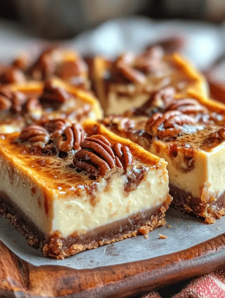 Pecan Pie Cheesecake Bars have gained immense popularity for their unique flavor profile and ideal texture. They present a delicious alternative to traditional desserts, effortlessly capturing the essence of both cheesecake and pecan pie in one delectable bite. The rich, velvety cheesecake layer offers a creamy base that is perfectly complemented by the sweet, nutty topping made from caramelized pecans.