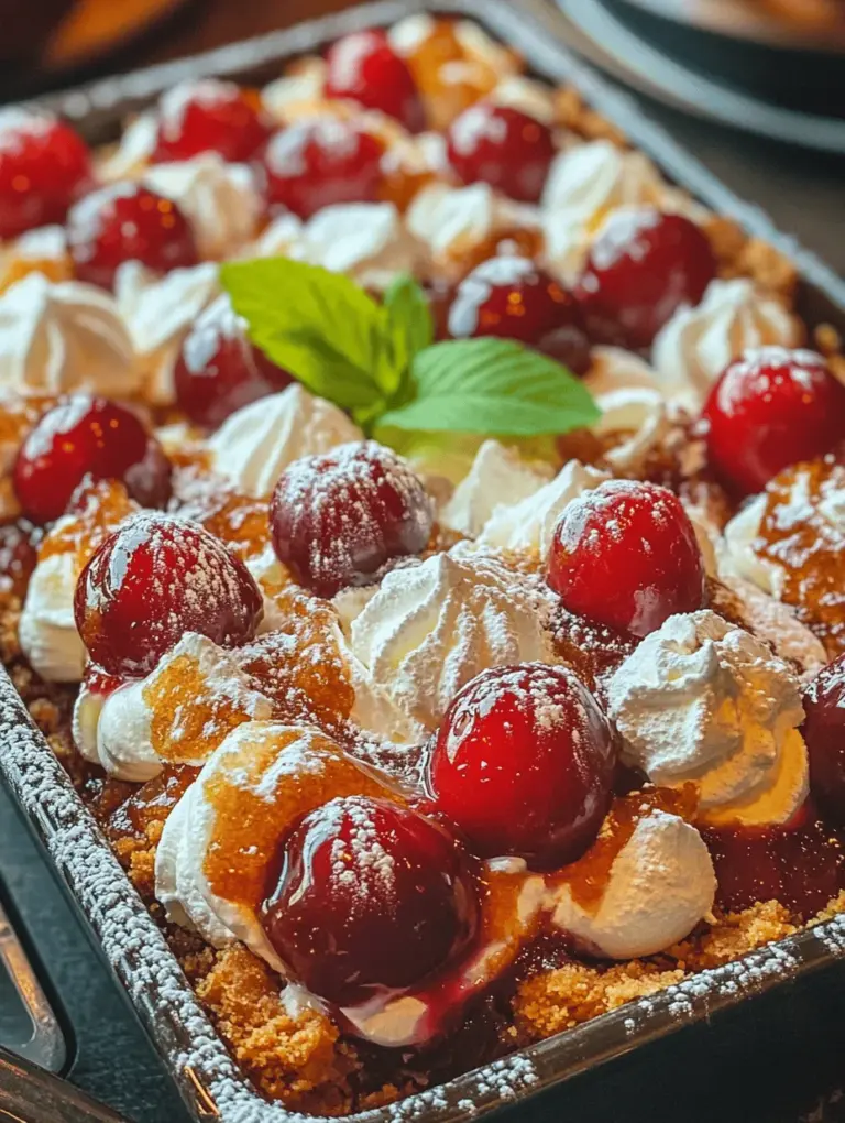 Cherry Delight is a beloved classic dessert that combines the tartness of fresh cherries with a creamy filling, all nestled in a buttery graham cracker crust. This delightful treat has been a staple at family gatherings, potlucks, and summer picnics for generations. The appeal of Cherry Delight lies not only in its delightful flavors but also in its simplicity and versatility; it's a dessert that can be enjoyed by all ages, making it a go-to option for any occasion.