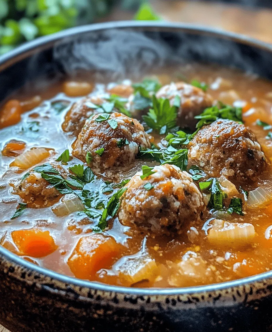 When the temperature drops and the days grow shorter, there’s nothing quite like a steaming bowl of soup to warm the soul. Among the myriad of options available, <strong></noscript>Hearty Herb-Infused Meatball Soup stands out as a quintessential comfort food. This dish is not just a meal; it’s a hug in a bowl, combining tender meatballs with a rich, herbaceous broth that envelops each bite in warmth and flavor.” /></p>
<p></p>
<h3>Importance of Resting the Meatballs Before Cooking</h3>
<p></p>
<p>Resting the meatballs before cooking is a crucial step often overlooked in recipe preparation. Allowing the meatballs to rest for at least 30 minutes not only helps the flavors meld together but also improves their texture. During this resting period, the proteins in the meat relax, making the meatballs more tender and less likely to crumble during cooking. Additionally, this time allows the breadcrumbs to absorb moisture from the other ingredients, ensuring a firm yet juicy meatball. Therefore, as you prepare your Hearty Herb-Infused Meatball Soup, make sure to set aside the meatballs after shaping them, giving them the time they need to develop the best flavors and textures.</p>
<p></p>
<h3>Creating the Hearty Soup Base</h3>
<p></p>
<h4>Sautéing Vegetables: Importance of Flavor Development</h4>
<p></p>
<p>The foundation of your Hearty Herb-Infused Meatball Soup lies in a meticulously crafted soup base, starting with sautéing the vegetables. Sautéing is not merely a cooking technique; it is a vital process that enhances the overall flavor profile of your soup. When vegetables are sautéed, they undergo the Maillard reaction, a chemical reaction between amino acids and reducing sugars that gives browned food its distinctive flavor. This caramelization adds a depth of flavor that will permeate your soup, creating a robust and savory base.</p>
<p></p>
<h4>Techniques for Achieving the Perfect Sauté</h4>
<p></p>
<p>To achieve the perfect sauté, start by ensuring your pan is preheated before adding oil. This helps create a sear on the vegetables, locking in the flavor. Use medium-high heat to ensure that the vegetables cook evenly without burning. Aim for a mix of aromatics such as onions, garlic, and carrots—these foundational flavors will serve as the backbone of your soup. Stir occasionally, allowing the vegetables to caramelize without sticking to the bottom of the pan. This technique not only brings out the sweetness of the onions and carrots but also develops a rich, savory base for your Hearty Herb-Infused Meatball Soup.</p>
<p></p>
<h4>How the Choice of Oil Impacts the Overall Taste</h4>
<p></p>
<p>The choice of oil is another critical aspect that can alter the flavor of your soup. While olive oil is a classic choice, consider using a flavored oil, such as avocado or grapeseed oil, for a unique taste. Each oil has its distinct flavor profile and smoke point. For example, extra virgin olive oil adds a fruity note, while sesame oil can impart a slightly nutty flavor. Be sure to choose an oil that complements the herbs and spices in your meatball mixture for a harmonious blend.</p>
<p></p>
<h4>Incorporating Broth and Tomatoes: Building the Soup Foundation</h4>
<p></p>
<p>After the vegetables are perfectly sautéed, it’s time to build the soup’s foundation by incorporating broth and tomatoes. Pour in your choice of broth—chicken, beef, or vegetable—ensuring it’s low-sodium to control the salt levels in your soup. Add diced tomatoes, either fresh or canned, to infuse the soup with acidity and richness. This combination creates a vibrant and nourishing base that will elevate the flavors of your meatballs.</p>
<p></p>
<h4>Tips on Achieving the Right Consistency</h4>
<p></p>
<p>Achieving the right consistency is essential for a hearty soup. If your soup seems too thick, gradually add more broth until it reaches your desired consistency. Conversely, if it’s too thin, let it simmer uncovered for a few minutes to allow excess liquid to evaporate. The ideal soup should be thick enough to coat the back of a spoon but still light enough to allow the meatballs and vegetables to shine through.</p>
<p></p>
<h4>Balancing Acidity with Seasonings</h4>
<p></p>
<p>Balancing the acidity from the tomatoes and broth is vital for achieving a well-rounded flavor. Adjust the acidity by adding a pinch of sugar or a splash of vinegar, which can help cut through the richness of the meat and make the soup more complex. Taste as you go, and don’t hesitate to add herbs like basil or oregano for added depth.</p>
<p></p>
<h3>Cooking the Meatballs in Soup</h3>
<p></p>
<h4>Techniques for Adding Meatballs to Boiling Soup</h4>
<p></p>
<p>When your soup base is simmering, it’s time to add the meatballs. Use a spoon or small scoop to gently drop the meatballs into the boiling soup. This technique ensures they cook evenly and maintain their shape. Avoid overcrowding the pot; if necessary, cook in batches to ensure each meatball has enough room to cook properly.</p>
<p></p>
<h4>Avoiding Breakage: Best Practices for Cooking Meatballs</h4>
<p></p>
<p>To avoid breakage, handle the meatballs gently. Cooking them in a simmering broth rather than a rolling boil helps maintain their integrity. Also, ensure that your meatballs are well-formed and sufficiently chilled before adding them to the pot. This helps them hold together as they cook.</p>
<p></p>
<h4>Timing and Temperature: Ensuring Thorough Cooking</h4>
<p></p>
<p>Cook the meatballs in the soup for about 20-25 minutes, depending on their size. Use a meat thermometer to check for doneness; the internal temperature should reach 160°F (70°C) for beef or pork meatballs. Once cooked, the meatballs will be tender and infused with the delicious flavors of the broth.</p>
<p></p>
<h3>Finishing Touches with Greens and Seasoning</h3>
<p></p>
<h4>Adding Leafy Greens: Timing for Optimal Texture and Nutrition</h4>
<p></p>
<p>To enhance the nutritional value of your Hearty Herb-Infused Meatball Soup, consider adding leafy greens like spinach or kale. Add them to the soup in the last few minutes of cooking to preserve their vibrant color and nutrients. This technique ensures that the greens remain tender yet slightly crisp, adding texture and a burst of freshness to the dish.</p>
<p></p>
<h4>Final Seasoning Adjustments: How to Enhance Flavors Right Before Serving</h4>
<p></p>
<p>Just before serving, taste the soup one last time and make any necessary seasoning adjustments. A dash of salt or freshly cracked pepper can elevate the flavors dramatically. Furthermore, a squeeze of fresh lemon juice or a splash of balsamic vinegar can brighten the entire dish, enhancing the overall flavor profile.</p>
<p></p>
<h3>Serving Suggestions for Hearty Herb-Infused Meatball Soup</h3>
<p></p>
<h4>Ideal Accompaniments</h4>
<p></p>
<p>Hearty Herb-Infused Meatball Soup is comforting and satisfying on its own, but pairing it with the right accompaniments can enhance the meal. A crusty loaf of bread or warm rolls is perfect for soaking up the flavorful broth. A side salad with a light vinaigrette can provide a refreshing contrast to the richness of the soup.</p>
<p></p>
<h4>Presentation Tips for an Appealing Dish</h4>
<p></p>
<p>Presentation plays a key role in the dining experience. Serve your soup in deep bowls and garnish with fresh herbs like parsley or basil for a pop of color. A drizzle of high-quality olive oil on top can also add visual appeal and richness to the dish. If desired, sprinkle some grated cheese, such as Parmesan or mozzarella, for an extra layer of flavor.</p>
<p></p>
<h4>Variations in Serving</h4>
<p></p>
<p>For an added touch, consider garnishing your soup with extra herbs or a dollop of sour cream or yogurt for creaminess. You can also serve it alongside a sprinkle of red pepper flakes for those who enjoy a bit of heat. Each of these variations allows for personalization, making the dining experience even more enjoyable.</p>
<p></p>
<h3>Nutritional Profile of Hearty Herb-Infused Meatball Soup</h3>
<p></p>
<h4>Breakdown of Calories, Proteins, Fats, and Carbohydrates Per Serving</h4>
<p></p>
<p>Hearty Herb-Infused Meatball Soup is not only delicious but also nutritious. A typical serving contains approximately 300-400 calories, depending on the specific ingredients used. The protein content from the meatballs provides a hearty dose of energy, while the vegetables and broth contribute essential vitamins and minerals.</p>
<p></p>
<p>– <strong>Calories</strong>: 350</p>
<p>– <strong>Protein</strong>: 25g</p>
<p>– <strong>Fat</strong>: 15g</p>
<p>– <strong>Carbohydrates</strong>: 30g</p>
<p></p>
<h4>Health Benefits of Key Ingredients</h4>
<p></p>
<p>The key ingredients in this soup offer numerous health benefits. Lean ground meat provides protein essential for muscle growth and repair. The vegetables contribute dietary fiber, which aids digestion, and leafy greens are a powerhouse of vitamins A, C, and K. Furthermore, herbs like parsley contain antioxidants, promoting overall health.</p>
<p></p>
<h4>The Role of This Soup in a Balanced Diet</h4>
<p></p>
<p>Incorporating Hearty Herb-Infused Meatball Soup into a balanced diet can help meet nutritional needs. It serves as a complete meal when paired with whole-grain bread or a side salad, providing a variety of food groups. This soup is an excellent way to enjoy a warm, comforting dish without compromising on health.</p>
<p></p>
<h3>Conclusion: Embracing Comfort with Hearty Herb-Infused Meatball Soup</h3>
<p></p>
<p>Hearty Herb-Infused Meatball Soup encapsulates the essence of comfort food—rich flavors, wholesome ingredients, and the warmth of home cooking. The ease of preparation and the ability to customize the soup make it a perfect dish for busy weeknights or leisurely weekends. As you gather around the table with family and friends, this soup not only nourishes the body but also fosters connection and tradition.</p>
<p></p>
<p>Embracing the joy of home cooking allows us to share our love through meals, creating memories that last a lifetime. So go ahead, gather your ingredients, and make Hearty Herb-Infused Meatball Soup a staple in your kitchen. Your loved ones will thank you for the delicious experience, one bowl at a time.</p>
<div id=