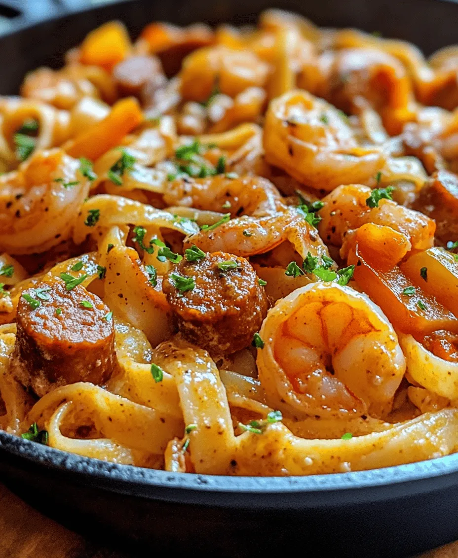 Imagine a dish that perfectly balances the richness of creamy sauces, the hearty bite of succulent shrimp, and the smoky flavor of sausage, all enveloped in tender pasta. This is precisely what <strong></noscript>Creamy Cajun Shrimp Pasta with Sausage offers. This recipe is not only a feast for the senses but also a quick and satisfying meal that can be whipped up in about 30 minutes. It’s a fantastic option for busy weeknights or weekend gatherings, where you want to impress your family and friends without spending hours in the kitchen.” /></p>
<p></p>
<h3>Cooking the Pasta</h3>
<p></p>
<p>To create the perfect Creamy Cajun Shrimp Pasta with Sausage, one of the most crucial steps is cooking the pasta. Start by bringing a large pot of water to a rolling boil, then generously salt it. Salting the water is essential because it enhances the flavor of the pasta itself. Aim for a saltiness that resembles seawater; this will infuse the pasta with a rich taste as it cooks.</p>
<p></p>
<p>Once the water is boiling, add your pasta of choice—fettuccine, linguine, or even penne work beautifully. Stir it occasionally to prevent sticking, and cook until it reaches an al dente texture. Al dente means the pasta is cooked through but still has a slight bite when you chew it. This texture not only provides a satisfying mouthfeel but also allows the pasta to hold up better when mixed with the creamy sauce later on. Typically, this takes about 8-10 minutes, but always refer to the package instructions for specific timing. Once cooked, reserve a cup of the pasta water before draining the pasta; this starchy water will be invaluable for adjusting the sauce’s consistency later.</p>
<p></p>
<h3>Sautéing the Sausage</h3>
<p></p>
<p>While the pasta cooks, it’s time to focus on the sausage. Choose a high-quality sausage that complements the Cajun flavors—Andouille sausage is a classic choice, but any smoked sausage will do. Heat a large skillet over medium-high heat, and add a drizzle of olive oil to prevent sticking.</p>
<p></p>
<p>Once the oil is shimmering, add the sliced sausage to the pan. To achieve maximum flavor, allow the sausage to brown without stirring for a few minutes. This process caramelizes the natural sugars in the sausage, resulting in a deeper flavor profile. After a few minutes, stir occasionally until the sausage is evenly browned and cooked through. This step not only enhances the flavor but also builds a flavorful base for your dish.</p>
<p></p>
<h3>Cooking the Shrimp</h3>
<p></p>
<p>Now it’s time to add the shrimp to the skillet. Use fresh or frozen shrimp—if using frozen, make sure they are completely thawed and patted dry to prevent excess moisture. Generously season the shrimp with Cajun seasoning, ensuring each piece is coated well.</p>
<p></p>
<p>Increase the heat to high and add the shrimp to the skillet with the sausage. Sauté them for 2-3 minutes on each side until they turn pink and opaque. Be careful not to overcook the shrimp, as they can become rubbery if left in the pan too long. Once cooked, transfer the shrimp and sausage to a plate, allowing the flavors to meld while you prepare the sauce.</p>
<p></p>
<h3>Sautéing the Vegetables</h3>
<p></p>
<p>In the same skillet, add a bit more olive oil if necessary and toss in your vegetables. Bell peppers, onions, and garlic are great choices for this dish. Sauté the vegetables over medium heat for about 5-7 minutes, or until they are tender but still retain some crunch. It’s essential to add the garlic towards the end of the cooking time to prevent it from burning, which can lead to a bitter taste. The goal is to create a colorful medley that not only tastes great but also adds visual appeal to your dish.</p>
<p></p>
<h3>Making the Sauce</h3>
<p></p>
<p>With your vegetables sautéed and the shrimp and sausage resting, it’s time to create the creamy sauce. Lower the heat to medium and pour in a cup of heavy cream, stirring gently to combine with the sautéed vegetables. As the cream heats, add in the Cajun seasoning, stirring well to ensure an even distribution. To achieve the right consistency, gradually add the reserved pasta water, a little at a time, until the sauce reaches your desired thickness. This starchy water not only helps bind the sauce but also enhances the overall flavor.</p>
<p></p>
<p>Next, add grated Parmesan cheese to the sauce, stirring until it melts completely. This will give your sauce a rich, velvety texture. Taste and adjust the seasoning as needed, adding salt, pepper, or more Cajun seasoning to suit your palate.</p>
<p></p>
<h3>Combining Ingredients</h3>
<p></p>
<p>Once the sauce is ready, it’s time to bring everything together. Add the cooked pasta to the skillet along with the shrimp and sausage. Use tongs or a large spoon to gently toss the ingredients together, ensuring that the pasta is thoroughly coated with the sauce. This step is crucial for flavor integration, as it allows the pasta to absorb the rich, creamy sauce and the spices from the sausage and shrimp.</p>
<p></p>
<p>If the mixture seems dry, don’t hesitate to add a splash more of the reserved pasta water until you achieve a luscious, creamy consistency. Allow everything to heat through for a minute or two, and then remove it from the heat.</p>
<p></p>
<h3>Garnishing</h3>
<p></p>
<p>For the finishing touch, sprinkle freshly chopped parsley over the top of your Creamy Cajun Shrimp Pasta. Not only does the parsley add a pop of color that enhances the visual appeal of the dish, but it also offers a fresh flavor that balances out the richness of the sauce. Serve it hot and enjoy the enticing aroma that wafts from the skillet.</p>
<p></p>
<h3>Nutritional Information</h3>
<p></p>
<p>This Creamy Cajun Shrimp Pasta with Sausage is not just a feast for the senses; it also packs a nutritional punch. Here’s a breakdown of its key nutritional benefits:</p>
<p></p>
<p>– <strong>Protein Content</strong>: The shrimp and sausage provide a generous amount of protein, essential for muscle repair and overall health. A single serving can contain approximately 30 grams of protein, making this dish a satisfying and filling option.</p>
<p></p>
<p>– <strong>Carbohydrates</strong>: The pasta serves as a source of carbohydrates, offering the energy needed for daily activities. Whole-grain or legume-based pasta can enhance the nutritional profile even further, providing fiber and additional nutrients.</p>
<p></p>
<p>– <strong>Healthy Fats</strong>: Olive oil, used in cooking, contributes healthy monounsaturated fats, which are beneficial for heart health. The use of cream adds richness but should be balanced with portion size for a healthy indulgence.</p>
<p></p>
<p>– <strong>Vitamins and Minerals</strong>: The vegetables and herbs contribute valuable vitamins and minerals. Bell peppers are rich in vitamins A and C, while parsley is known for its antioxidant properties.</p>
<p></p>
<h3>Serving Suggestions</h3>
<p></p>
<p>To elevate your dining experience, consider these serving suggestions:</p>
<p></p>
<p>– <strong>Side Dishes</strong>: Pair your Creamy Cajun Shrimp Pasta with warm garlic bread or a crisp, fresh salad. A simple arugula salad with lemon vinaigrette can provide a refreshing contrast to the creamy pasta.</p>
<p></p>
<p>– <strong>Beverage Pairings</strong>: A chilled glass of white wine, such as Sauvignon Blanc or Pinot Grigio, complements the flavors beautifully. If you prefer a non-alcoholic option, iced tea or lemonade works wonderfully to cleanse the palate.</p>
<p></p>
<h3>Variations and Customization</h3>
<p></p>
<p>One of the joys of cooking is the ability to customize recipes to fit various dietary needs and preferences. Here are some ideas for modifying your Creamy Cajun Shrimp Pasta:</p>
<p></p>
<p>– <strong>Vegetarian or Vegan Options</strong>: For a vegetarian version, replace the shrimp and sausage with hearty vegetables like mushrooms, zucchini, and eggplant, or opt for plant-based sausage. For a vegan option, use coconut cream instead of heavy cream and ensure your pasta is egg-free.</p>
<p></p>
<p>– <strong>Gluten-Free Adaptations</strong>: If you’re looking for a gluten-free dish, swap traditional pasta for gluten-free pasta made from rice, quinoa, or lentils. These alternatives will still provide a satisfying base for your dish.</p>
<p></p>
<p>– <strong>Spicing It Up</strong>: Adjust the level of spiciness by modifying the amount of Cajun seasoning. For a milder flavor, reduce the seasoning, or, conversely, add a pinch of cayenne pepper or chopped jalapeños for an extra kick.</p>
<p></p>
<h3>Conclusion</h3>
<p></p>
<p>Creamy Cajun Shrimp Pasta with Sausage is a delightful dish that showcases the vibrant flavors and rich culinary heritage of Cajun cooking. Its versatility allows it to be adapted to suit various tastes and dietary needs, making it an excellent choice for family gatherings, weeknight dinners, or special occasions.</p>
<p></p>
<p>Encourage your family and friends to embrace the joy of cooking by trying this recipe and experimenting with their own variations. Bringing a taste of the South into your kitchen has never been easier or more delicious. With its creamy sauce, perfectly cooked shrimp, and savory sausage, this dish is sure to become a favorite in your household. So gather your ingredients, put on your apron, and enjoy the delightful experience of creating a meal that is as enjoyable to make as it is to eat.</p>
<div id=