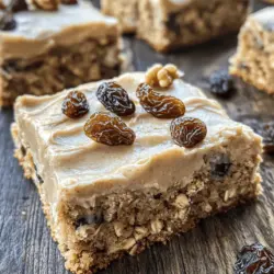 Oatmeal raisin cookie bars have become a beloved classic, offering the comforting and nostalgic flavors of traditional oatmeal cookies in a convenient bar form. These dessert bars are perfect for satisfying sweet cravings, with their chewy texture and wholesome ingredients that bring a sense of warmth and nostalgia to every bite. While classic oatmeal raisin cookies have their charm, the addition of a luscious maple cinnamon frosting elevates this treat to a whole new level of deliciousness. The sweet, rich frosting not only enhances the flavor but also creates a delightful contrast to the chewy bars beneath.