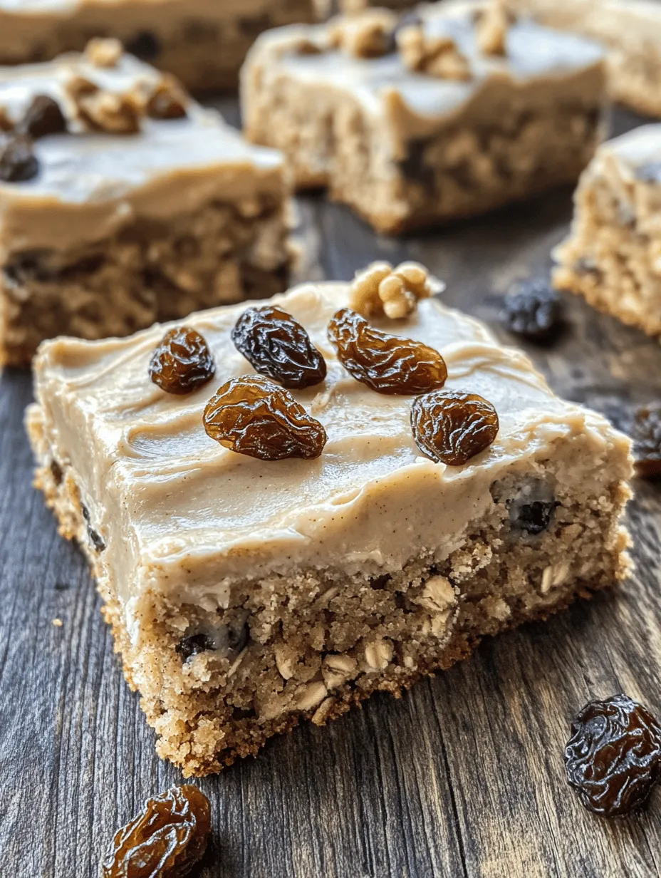Oatmeal raisin cookie bars have become a beloved classic, offering the comforting and nostalgic flavors of traditional oatmeal cookies in a convenient bar form. These dessert bars are perfect for satisfying sweet cravings, with their chewy texture and wholesome ingredients that bring a sense of warmth and nostalgia to every bite. While classic oatmeal raisin cookies have their charm, the addition of a luscious maple cinnamon frosting elevates this treat to a whole new level of deliciousness. The sweet, rich frosting not only enhances the flavor but also creates a delightful contrast to the chewy bars beneath.