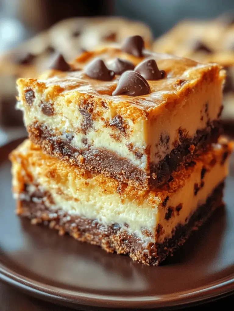 Dessert bars have taken the culinary world by storm, offering a delightful blend of flavors and textures all contained within a single, easy-to-handle slice. Among these tempting treats, Chocolate Chip Cookie Cheesecake Bars stand out as a beloved favorite. This recipe combines two classic desserts—the chewy, nostalgic chocolate chip cookie and the rich, creamy goodness of cheesecake—into one irresistible dessert that is perfect for any occasion. Whether you’re hosting a gathering, celebrating a birthday, or simply craving something sweet, these bars are sure to impress.