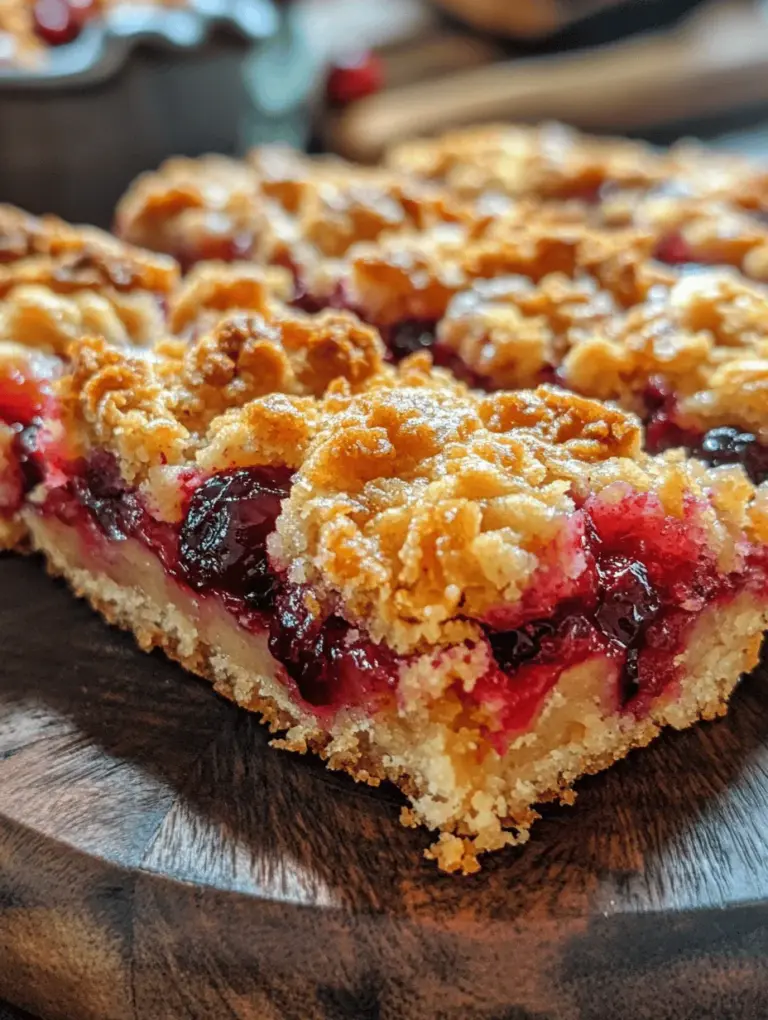 Cranberry crumble bars are a delightful dessert that perfectly balances the tartness of cranberries with the sweetness of a buttery crumble topping. These bars are not only visually appealing with their vibrant red cranberry filling but also offer a burst of flavor that is sure to please any palate. The unique combination of textures — the crispy, crumbly top and the soft, tangy filling — makes them an irresistible treat.
