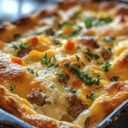 Kickstart your day with a delightful and hearty breakfast that perfectly balances convenience and flavor: the Make-Ahead Crescent Roll Breakfast Casserole. This dish is an ideal solution for busy mornings or family gatherings, allowing you to prepare a satisfying meal ahead of time and bake it to perfection just when you need it. Imagine waking up to the aroma of a warm, cheesy casserole that requires minimal effort on your part. With layers of flaky crescent rolls, savory sausage, vibrant vegetables, and creamy cheese, this breakfast casserole not only satisfies the taste buds but also presents beautifully on any breakfast table.