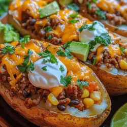 Taco Potatoes present a delightful twist on the classic baked potato, merging the heartiness of this beloved staple with the vibrant and zesty flavors of traditional Mexican cuisine. Imagine a fluffy potato, baked to perfection, and then generously filled with a savory mixture of seasoned ground meat, beans, corn, cheese, and your favorite toppings. This dish encapsulates the essence of comfort food while introducing a burst of flavors that dance on the palate.