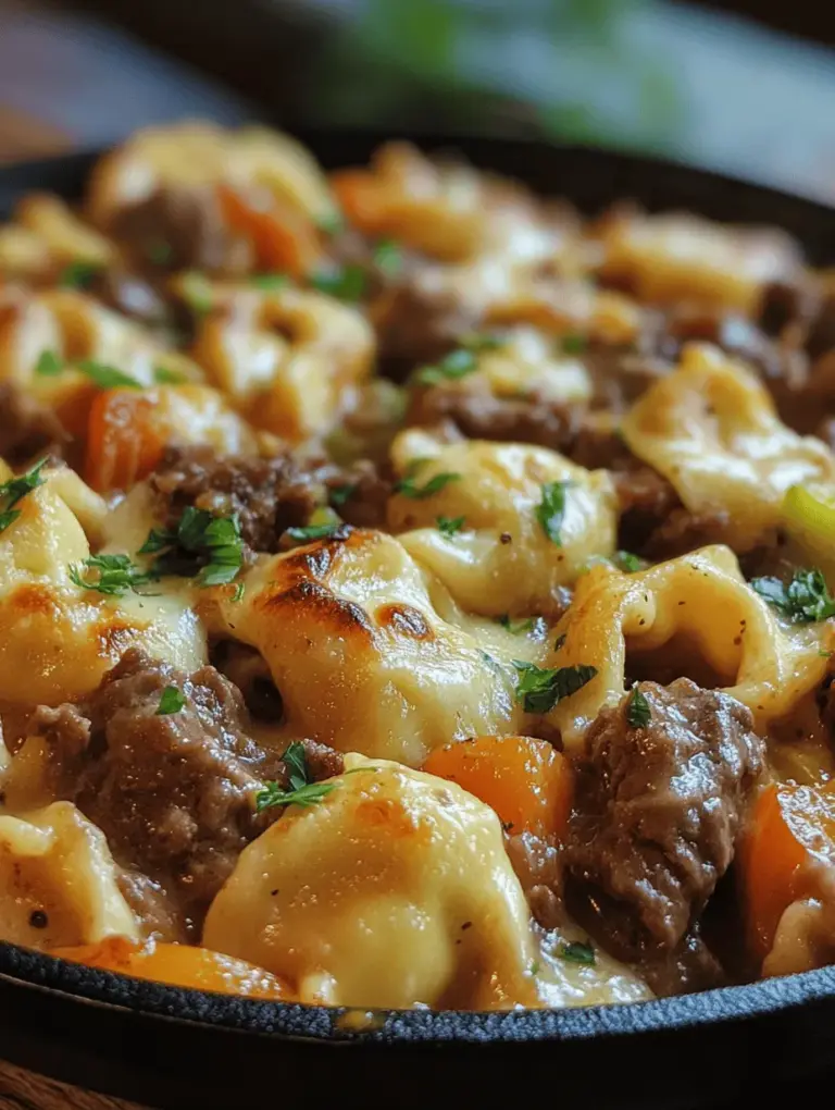 Discover the delightful fusion of flavors in our Cheesesteak Tortellini, a quick and creamy dish that marries the classic cheesesteak with tender cheese-filled pasta. This recipe is designed for busy weeknights but is indulgent enough to impress guests, making it a versatile addition to your meal repertoire. The combination of savory beef, aromatic vegetables, and creamy provolone sauce envelops each tortellini, creating a dish that is both satisfying and comforting.