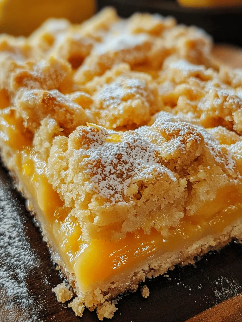In recent years, lemon-based desserts have surged in popularity, captivating the taste buds of dessert enthusiasts around the world. The bright, refreshing flavor of lemon adds an invigorating twist to a plethora of sweet treats, making them a favorite choice for both casual gatherings and special occasions. Among these delightful lemon-infused creations, the Zesty Lemon Crumb Bars stand out with their perfect balance of sweetness and tartness, offering a taste sensation that is hard to resist. These bars are not only visually appealing but also deliver a satisfying texture that combines a buttery crust with a smooth, lemony filling.