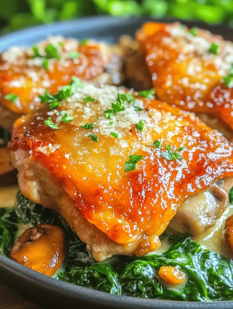 Savory Smothered Chicken with Creamed Spinach and Crispy Bacon is more than just a meal; it’s an experience that brings warmth and satisfaction to the dinner table. This dish marries tender, juicy chicken thighs with a rich, creamy sauce, all while incorporating vibrant vegetables and the irresistible crunch of crispy bacon. The combination of flavors and textures in this dish not only excites the palate but also creates a hearty and comforting dining experience that is perfect for weeknight dinners or special occasions.