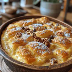 Imagine a dessert that captures the essence of indulgence while also embracing the comforting familiarity of home-cooked favorites. The Buttery Croissant Bread Pudding is precisely that—a sumptuous treat that transforms leftover croissants into an exquisite dish. This recipe takes advantage of the flaky, rich texture of croissants, marrying it with a luscious custard that seeps through each layer. Whether served as a delightful brunch centerpiece, a warm dessert, or a cozy evening treat, this bread pudding is sure to impress.