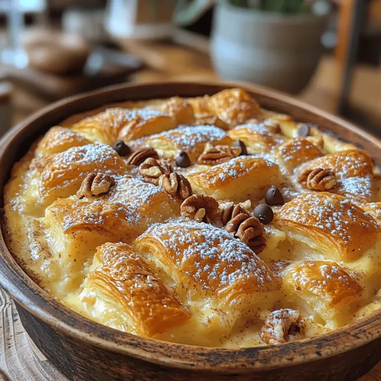 Imagine a dessert that captures the essence of indulgence while also embracing the comforting familiarity of home-cooked favorites. The Buttery Croissant Bread Pudding is precisely that—a sumptuous treat that transforms leftover croissants into an exquisite dish. This recipe takes advantage of the flaky, rich texture of croissants, marrying it with a luscious custard that seeps through each layer. Whether served as a delightful brunch centerpiece, a warm dessert, or a cozy evening treat, this bread pudding is sure to impress.