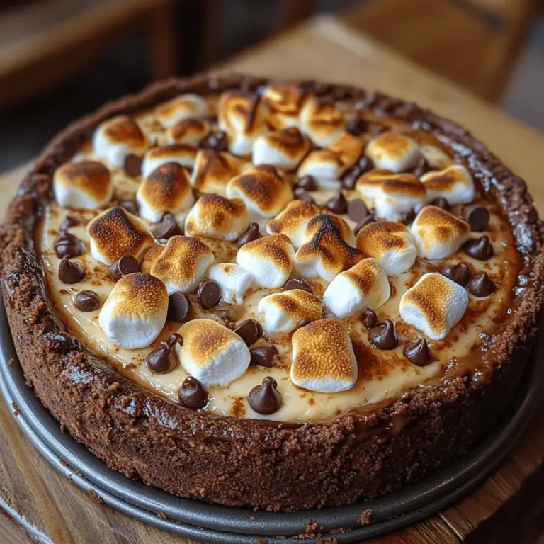 S’mores Brownie Cheesecake is a deliciously indulgent dessert that combines the beloved elements of classic s’mores, rich brownies, and creamy cheesecake into one irresistible treat. Imagine sinking your fork into a velvety slice that seamlessly blends the fudgy richness of chocolate brownies with the smooth, creamy texture of cheesecake, all topped with a gooey marshmallow layer and a crunchy graham cracker finish. This dessert is not only a feast for the taste buds but also a visual delight, perfect for impressing guests at gatherings or enjoying a cozy evening at home.