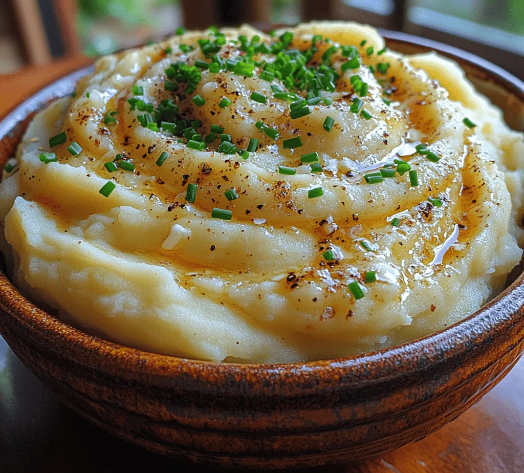 Mashed potatoes are a timeless comfort food that has graced tables around the world for generations. Their creamy texture and buttery flavor have made them a staple in both everyday meals and festive gatherings. Whether served alongside a holiday roast, a cozy weeknight dinner, or as part of an elaborate feast, mashed potatoes have the unique ability to bring warmth and satisfaction with every bite. Among the myriad of mashed potato recipes, <strong></noscript>Heavenly Creamy Garlic Mashed Potatoes stand out for their luxurious texture and robust flavor, thanks to the inclusion of aromatic garlic.” /></p>
<p></p>
<h2>Mashing Techniques: Choosing Between a Potato Masher and Ricer</h2>
<p></p>
<p>When it comes to creating the perfect texture for your Heavenly Creamy Garlic Mashed Potatoes, the tool you choose for mashing can make a significant difference. The two most common methods are using a potato masher or a ricer.</p>
<p></p>
<h3>Potato Masher</h3>
<p>A potato masher is a classic kitchen tool that allows you to control the texture of your potatoes. With a few vigorous mashes, you can achieve a hearty, chunky consistency that many people enjoy. This method is particularly great if you prefer a rustic feel in your mashed potatoes, where the lumps add character and a homemade touch.</p>
<p></p>
<h3>Ricer</h3>
<p>On the other hand, a ricer is perfect for those who crave smooth, creamy mashed potatoes. This tool forces the cooked potatoes through small holes, resulting in a light and fluffy texture without any lumps. If you want a more refined dish, using a ricer is the way to go.</p>
<p></p>
<h3>Texture Preferences</h3>
<p>Ultimately, the choice between smooth and chunky comes down to personal preference. If you’re serving guests, consider their tastes or even offer both options! For a classic comfort food experience, a slightly chunky version can provide a satisfying bite, while a smooth version pairs beautifully with rich gravies and sauces.</p>
<p></p>
<h2>Creating the Creamy Mixture</h2>
<p></p>
<h3>Incorporating Butter and Cream: Step-by-Step Guide</h3>
<p>The heart of Heavenly Creamy Garlic Mashed Potatoes lies in the luxurious blend of butter and cream. Here’s how to incorporate these ingredients for the ultimate creamy experience:</p>
<p></p>
<p>1. <strong>Melt the Butter</strong>: Start by melting your room temperature butter in a small saucepan over low heat. This ensures it blends seamlessly into your potatoes without clumping.</p>
<p></p>
<p>2. <strong>Heat the Cream</strong>: In another saucepan, gently heat the heavy cream. Aim for a warm, not boiling, temperature to help merge the flavors without cooking the potatoes further.</p>
<p></p>
<p>3. <strong>Combine</strong>: Once your potatoes are mashed to your desired texture, slowly drizzle in the melted butter while mixing. Follow this by adding the warm cream, a little at a time, to control the consistency.</p>
<p></p>
<h3>Importance of Room Temperature Butter for Easy Blending</h3>
<p>Using room temperature butter is crucial for a smooth integration into your mashed potatoes. Cold butter can create lumps and prevent a creamy texture. If you forget to set your butter out in advance, you can quickly soften it in the microwave for about 10-15 seconds, checking frequently to avoid melting.</p>
<p></p>
<h3>Techniques for Achieving the Desired Creamy Consistency</h3>
<p>To achieve the perfect creamy consistency, keep the following techniques in mind:</p>
<p></p>
<p>– <strong>Gradual Incorporation</strong>: Add the cream slowly while mixing. This allows you to monitor the consistency and prevent it from becoming too runny.</p>
<p>– <strong>Use a Hand Mixer</strong>: If you want to achieve an ultra-creamy texture with minimal effort, consider using a hand mixer. Mix on low speed to avoid overworking the potatoes, which can lead to a gummy texture.</p>
<p>– <strong>Adjust As Needed</strong>: If your potatoes seem too thick, add more cream a tablespoon at a time until you reach your desired creaminess.</p>
<p></p>
<h3>Seasoning: Best Practices for Balancing Flavors</h3>
<p>Seasoning is key to elevating the flavors in your mashed potatoes. Here are some best practices:</p>
<p></p>
<p>– <strong>Salt and Pepper</strong>: Start with a teaspoon of salt and ½ teaspoon of pepper. Mix and taste before adjusting. Remember, you can always add more but can’t take it out once it’s in.</p>
<p>– <strong>Garlic Infusion</strong>: Incorporate roasted garlic for a deeper flavor. Simply mash the garlic into the potatoes or mix it in with the butter.</p>
<p>– <strong>Herbs</strong>: Fresh herbs like chives, parsley, or rosemary can add a delightful freshness and elevate the dish’s complexity. Add them in moderation to avoid overpowering the garlic flavor.</p>
<p></p>
<h3>Tips for Tasting and Adjusting Salt and Pepper Levels</h3>
<p>– <strong>Taste Test</strong>: Always taste your mashed potatoes before serving. Use a clean spoon to dip in and assess the flavor.</p>
<p>– <strong>Balance Flavors</strong>: If you find your potatoes too salty, a splash of cream can help balance it out. Conversely, if they are bland, a pinch more salt will enhance their flavor.</p>
<p></p>
<h3>Optional Add-ins: When and How to Incorporate Sour Cream or Cream Cheese</h3>
<p>For those who want to experiment, adding sour cream or cream cheese can bring a tangy twist to your mashed potatoes. Here’s how to do it:</p>
<p></p>
<p>– <strong>Sour Cream</strong>: Stir in ½ cup of sour cream with the cream mixture for a zesty flavor. This works particularly well if you’re serving the potatoes with rich meats.</p>
<p>– <strong>Cream Cheese</strong>: For a richer taste, add 4 oz of softened cream cheese to the warm potatoes before mixing in the cream. This will add a creamy depth that pairs wonderfully with garlic.</p>
<p></p>
<h2>Serving Suggestions and Pairings</h2>
<p></p>
<h3>Ideal Serving Temperature and Presentation Tips</h3>
<p>Mashed potatoes are best served hot, right after preparation. For presentation, consider the following:</p>
<p></p>
<p>– <strong>Garnishing</strong>: Top your mashed potatoes with a pat of butter or a sprinkle of freshly chopped herbs to add visual appeal.</p>
<p>– <strong>Serving Dish</strong>: Use a beautiful serving bowl to enhance the dish’s presentation. A rustic ceramic bowl can add charm to your table.</p>
<p></p>
<h3>Suggested Pairings with Proteins</h3>
<p>Heavenly Creamy Garlic Mashed Potatoes pair wonderfully with various proteins, including:</p>
<p></p>
<p>– <strong>Roasted Chicken</strong>: The creamy texture complements the savory flavors of roasted chicken beautifully.</p>
<p>– <strong>Steak</strong>: A juicy steak paired with these mashed potatoes creates a classic, satisfying meal.</p>
<p>– <strong>Grilled Salmon</strong>: The richness of the salmon alongside creamy potatoes provides a delightful contrast.</p>
<p></p>
<h3>Special Occasions Where This Dish Shines</h3>
<p>This dish is perfect for special occasions, such as:</p>
<p></p>
<p>– <strong>Holidays</strong>: Thanksgiving and Christmas dinners are incomplete without a side of creamy mashed potatoes.</p>
<p>– <strong>Family Gatherings</strong>: The comfort food aspect makes it a favorite at family reunions and potlucks.</p>
<p>– <strong>Dinner Parties</strong>: Impress your guests by serving this dish alongside gourmet mains.</p>
<p></p>
<h2>Nutritional Information</h2>
<p></p>
<h3>Overview of Caloric Content Per Serving</h3>
<p>While Heavenly Creamy Garlic Mashed Potatoes are indulgent, they can fit into a balanced diet when enjoyed in moderation. Here’s a rough breakdown:</p>
<p></p>
<p>– <strong>Calories</strong>: Approximately 250-300 calories per serving, depending on the quantities of butter and cream used.</p>
<p></p>
<h3>Breakdown of Key Nutrients Found in the Dish</h3>
<p>– <strong>Carbohydrates</strong>: Potatoes are a great source of complex carbohydrates, providing energy.</p>
<p>– <strong>Vitamins</strong>: Potatoes are high in Vitamin C and B6, contributing to overall health.</p>
<p>– <strong>Fats</strong>: The addition of butter and cream provides fats essential for flavor and texture.</p>
<p></p>
<h3>Discussion on Lighter Alternatives for Health-Conscious Individuals</h3>
<p>For those looking to lighten their mashed potatoes without sacrificing flavor, consider these alternatives:</p>
<p></p>
<p>– <strong>Substitute Half-and-Half or Milk</strong>: Instead of heavy cream, use half-and-half or whole milk to reduce calorie content.</p>
<p>– <strong>Yogurt</strong>: Swap out sour cream for Greek yogurt for a tangy flavor with added protein and lower fat.</p>
<p>– <strong>Olive Oil</strong>: Replace some or all of the butter with olive oil for a healthier fat option that adds flavor.</p>
<p></p>
<h2>Conclusion</h2>
<p></p>
<p>In summary, making Heavenly Creamy Garlic Mashed Potatoes is not only a delightful culinary experience but also a rewarding one. The joy of creating this dish lies in its adaptability—whether you prefer a chunky texture or a silky smooth finish, this recipe caters to all tastes.</p>
<p></p>
<p>The creamy, garlicky flavor profile makes it a crowd-pleaser for any occasion, from festive holidays to casual family dinners. Plus, with the option to experiment with various add-ins and seasonings, you can truly make this dish your own.</p>
<p></p>
<p>So, gather your ingredients, and don’t hesitate to put your personal touch on this recipe. Enjoy the process, and relish the satisfaction that comes with serving a side dish that is sure to impress!</p>
<div id=