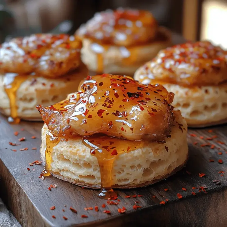 Welcome to a culinary adventure that perfectly marries comfort food with a spicy kick—introducing the Spicy Sweet Heat: Hot Honey Chicken Biscuits. This dish is a modern twist on classic Southern fare, featuring crispy chicken thighs drizzled with a homemade hot honey sauce, all sandwiched between flaky, buttery biscuits. The combination of textures and flavors is nothing short of spectacular, making this recipe a crowd-pleaser at gatherings, an exciting addition to brunch menus, or a unique option for a weeknight dinner.