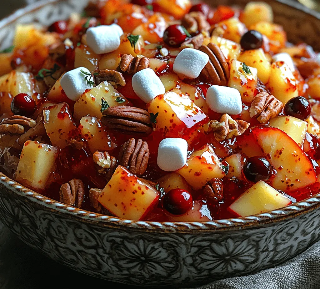 The holiday season is a time for gathering with loved ones, sharing joyful moments, and indulging in delicious food. Each celebration often features a variety of festive dishes that not only tantalize the taste buds but also bring a sense of warmth and nostalgia. Among the array of traditional holiday recipes, the <strong></noscript>Festive Cranberry Jello Delight stands out as a vibrant and flavorful addition that effortlessly captures the essence of the season.” /></p>
<p></p>
<h3>Chilling and Setting</h3>
<p></p>
<p>Once you’ve combined all the ingredients for your Festive Cranberry Jello Delight, it’s time for the chilling and setting process. This crucial step not only allows the gelatin to firm up but also lets the flavors meld beautifully, creating a harmonious dish that will impress your guests.</p>
<p></p>
<p>To achieve optimal results, pour the mixture into a large mold or individual serving cups, ensuring that you leave some space at the top, as the jello may expand slightly as it sets. Cover the mold or cups with plastic wrap to prevent any odors from the refrigerator from impacting your delightful dessert. Place the jello in the refrigerator and allow it to chill for at least four hours, or ideally overnight. This extended chilling time ensures that the gelatin fully sets, resulting in a firmer and more cohesive texture that holds its shape when unmolded.</p>
<p></p>
<h3>Serving Suggestions</h3>
<p></p>
<p>When it’s time to serve your Festive Cranberry Jello Delight, consider these tips for unmolding and garnishing to elevate your presentation:</p>
<p></p>
<p>1. <strong>Unmolding Techniques</strong>: If you’ve used a traditional mold, run a thin knife around the edges to loosen the jello slightly. Then, place the mold in a shallow dish of warm water for about 10-15 seconds. This gentle warming will help release the jello from the mold. Invert the mold onto a serving platter, and with a little shake, the jello should slide out smoothly. If you’ve used individual cups, simply serve them directly in the cups for a charming presentation.</p>
<p></p>
<p>2. <strong>Garnishing Ideas</strong>: To add a festive touch, consider garnishing your jello salad with whipped cream, fresh cranberries, or a sprinkle of chopped nuts. A dollop of cream on top adds a luxurious finish, while fresh berries introduce a pop of color and freshness. You might also consider a light dusting of cinnamon or nutmeg for an aromatic touch that complements the flavors of the jello.</p>
<p></p>
<h3>Flavor Profile and Texture</h3>
<p></p>
<p>The Festive Cranberry Jello Delight is a symphony of flavors and textures that makes it a standout dish during holiday gatherings. The sweetness from both the added sugar and the fruits balances beautifully with the tartness of the cranberry juice, creating a refreshing yet indulgent experience.</p>
<p></p>
<p>The jello itself has a firm, smooth texture that contrasts delightfully with the crunchy bits of apples and the soft, pillowy marshmallows. This combination keeps each bite interesting, as you experience a variety of textures that enhance the overall enjoyment.</p>
<p></p>
<p>Additionally, consider enhancing the flavor profile with optional ingredients like ground cinnamon or nutmeg. A pinch of these spices can deepen the flavor, adding warmth and complexity that pairs beautifully with the tartness of the cranberries. For those who enjoy a hint of citrus, adding some freshly grated orange zest can also brighten up the dish, making it even more festive.</p>
<p></p>
<h3>Nutritional Insights</h3>
<p></p>
<p>Understanding the nutritional content of the Festive Cranberry Jello Delight can help you enjoy this treat mindfully. Here’s a breakdown of the key nutritional components:</p>
<p></p>
<p>– <strong>Cranberries</strong>: These nutrient-dense fruits are rich in antioxidants and vitamin C, known for their health benefits, including supporting urinary tract health and boosting immunity. They also provide a natural tartness that enhances the dish.</p>
<p></p>
<p>– <strong>Apples</strong>: A great source of dietary fiber, apples contribute to digestive health and can aid in weight management. They add sweetness and texture to the jello, making it more satisfying.</p>
<p></p>
<p>– <strong>Caloric Considerations</strong>: Each serving of the jello salad typically contains around 150-200 calories, depending on the specific ingredients used. For those looking to reduce sugar intake, consider substituting granulated sugar with a natural sweetener like stevia or using sugar-free jello options, which can cut down on calories significantly.</p>
<p></p>
<p>– <strong>Nuts and Fruits</strong>: Including nuts not only enhances the flavor but also adds healthy fats and protein, contributing to a balanced dessert option. If you have guests with dietary restrictions, offering a nut-free version can easily accommodate their needs.</p>
<p></p>
<h3>Occasions for Serving</h3>
<p></p>
<p>The versatility of the Festive Cranberry Jello Delight makes it suitable for a variety of celebratory occasions. Here are some events where this dish truly shines:</p>
<p></p>
<p>– <strong>Thanksgiving</strong>: This jello salad can be a colorful addition to the Thanksgiving table, complementing the savory dishes while providing a refreshing palate cleanser between bites.</p>
<p></p>
<p>– <strong>Christmas</strong>: Its vibrant red hue makes it a festive choice for Christmas gatherings, embodying the spirit of the holiday season. Pair it with traditional holiday meals for a delightful contrast.</p>
<p></p>
<p>– <strong>New Year’s Eve</strong>: As you celebrate the incoming year, this dish can serve as a refreshing dessert that keeps the festivities light and enjoyable.</p>
<p></p>
<p>– <strong>Family Gatherings and Potlucks</strong>: Its easy preparation and attractive presentation make it a perfect dish for potlucks or family gatherings. You can easily make it ahead of time, alleviating stress on the day of the event.</p>
<p></p>
<p>This jello salad can also accommodate various dietary preferences, whether you have vegan, gluten-free, or low-sugar guests. Its adaptability ensures that everyone gets to enjoy a slice of the festivities.</p>
<p></p>
<h3>Cultural Significance of Jello Salads</h3>
<p></p>
<p>The history of jello salads in American cuisine is both rich and intriguing. Emerging in the early 20th century, jello salads gained popularity as a way to showcase vibrant colors and textures in a time when presentation became increasingly important in home cooking. They have evolved from simple gelatin molds with fruit to elaborate creations that incorporate various ingredients, making them a staple at many gatherings.</p>
<p></p>
<p>In modern culinary traditions, the role of colorful and festive dishes like the Festive Cranberry Jello Delight cannot be overstated. These dishes not only delight the palate but also create a celebratory atmosphere, setting the tone for gatherings and fostering connections among friends and family. The jello salad embodies nostalgia while allowing for creative expression in the kitchen.</p>
<p></p>
<h3>Conclusion</h3>
<p></p>
<p>The Festive Cranberry Jello Delight is an easy-to-make, visually appealing dish that brings joy to any holiday gathering. Its combination of sweet and tart flavors, coupled with delightful textures, ensures it will be a hit among your guests.</p>
<p></p>
<p>As you experiment with this recipe, feel free to make it your own by incorporating personal touches or favorite ingredients, turning it into a cherished family tradition. The joy of creating and sharing festive dishes with loved ones fosters connection and celebration through food, making every occasion a little brighter. Embrace the spirit of the season with this delightful jello salad, and watch it become a staple at your holiday celebrations.</p>
<div id=