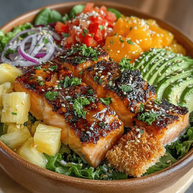 Delight in the vibrant flavors of summer with our Tropical Bliss Salmon & Pineapple Salad Bowl. This dish is more than just a meal; it's a celebration of fresh ingredients and wholesome nutrition. Imagine succulent pieces of grilled salmon paired with sweet, juicy pineapple, all nestled atop a bed of crisp salad greens. This recipe is perfect for a light lunch or a refreshing dinner, offering a symphony of flavors that evoke the warmth of tropical sunshine. Not only does it tantalize your taste buds, but it also provides a wealth of health benefits, making it an ideal choice for anyone looking to eat well.