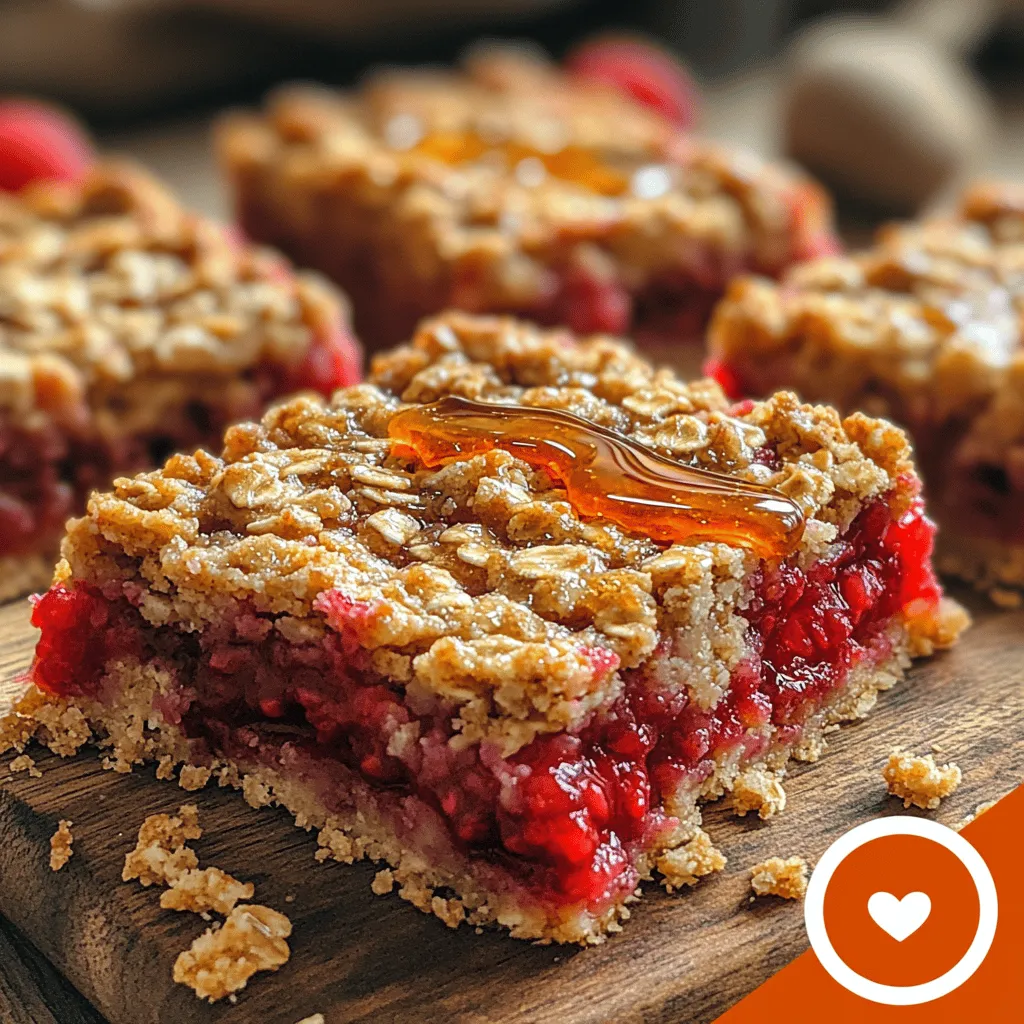 1. <strong></noscript>Rolled Oats: The backbone of your oatmeal bars, rolled oats provide a chewy texture and a healthy dose of fiber. This whole grain is known for its heart-healthy benefits, making it an excellent choice for anyone looking to maintain a balanced diet. Oats contribute to a feeling of fullness, helping you resist the temptation of unhealthy snacking throughout the day.” /></p>
<p></p>
<h2>4. Tips & Tricks</h2>
<p></p>
<p>Creating the perfect Sweet Raspberry Oatmeal Bars requires attention to detail, especially when it comes to achieving the right texture and flavor. Here are some expert tips to elevate your baking game.</p>
<p></p>
<h3>Achieving Perfect Texture</h3>
<p></p>
<p>The texture of your oatmeal bars is critical to their enjoyment. You want a balance between crumble and firmness, ensuring they hold together without being too dense. Here are some methods to help you achieve that perfect texture:</p>
<p></p>
<p>– <strong>Crumble and Firmness</strong>: Ensure your butter or coconut oil is softened but not melted. This helps to create a crumbly yet cohesive mixture. When mixing your ingredients, avoid over-mixing; just combine until everything is incorporated. Over-mixing can lead to tough bars, so mix until just combined.</p>
<p></p>
<h3>Flavor Enhancement</h3>
<p></p>
<p>To make your Sweet Raspberry Oatmeal Bars truly sing, consider adding subtle flavor enhancers:</p>
<p></p>
<p>– <strong>Using Lemon Juice</strong>: A splash of fresh lemon juice can brighten the flavors of the raspberries, providing a zesty contrast to the sweetness. Additionally, lemon zest can be added to enhance the citrus notes even more.</p>
<p></p>
<p>– <strong>Other Flavor Boosters</strong>: Consider adding a dash of vanilla extract or a sprinkle of cinnamon to the oatmeal base. These additions can deepen the overall flavor profile, making the bars even more delicious.</p>
<p></p>
<h3>Ingredient Quality</h3>
<p></p>
<p>The quality of your ingredients can significantly affect the outcome of your bars:</p>
<p></p>
<p>– <strong>Fresh vs. Frozen Raspberries</strong>: While fresh raspberries are delightful, frozen raspberries are just as good and often more convenient. They can be used directly from the freezer, but be sure to drain any excess liquid to prevent the mixture from becoming too soggy. If using fresh raspberries, be gentle when mixing to avoid breaking them apart.</p>
<p></p>
<h3>Multi-tasking</h3>
<p></p>
<p>Efficiency in the kitchen can save time, especially when preparing snacks like these bars:</p>
<p></p>
<p>– <strong>Efficient Use of Prep Time</strong>: While your oatmeal bars are baking, you can prepare other snacks or meals. For instance, you can wash and chop additional fruits for breakfast or prep lunch ingredients. Multitasking not only makes your time in the kitchen more productive but also allows you to maximize the use of your oven.</p>
<p></p>
<h2>5. Variations</h2>
<p></p>
<p>One of the joys of baking is the ability to adapt recipes to suit your taste preferences or dietary needs. Here are some delicious variations for your Sweet Raspberry Oatmeal Bars:</p>
<p></p>
<h3>Fruit Substitutions</h3>
<p></p>
<p>If raspberries aren’t your favorite, or if you’re looking to mix things up, consider swapping them out for other fruits:</p>
<p></p>
<p>– <strong>Strawberries, Blueberries, or Mixed Berries</strong>: Each fruit will provide a unique flavor and texture to your bars. Strawberries add a sweet, mild flavor, while blueberries offer a juicy burst in every bite. Mixed berries can create a delightful combination for a more complex flavor profile.</p>
<p></p>
<h3>Sweetener Alternatives</h3>
<p></p>
<p>Experimenting with different sweeteners can lead to exciting flavor profiles:</p>
<p></p>
<p>– <strong>Agave Nectar or Coconut Sugar</strong>: These alternatives can give your oatmeal bars a different sweetness level and a hint of caramel flavor. Coconut sugar, in particular, adds a subtle, rich taste.</p>
<p></p>
<h3>Dietary Adjustments</h3>
<p></p>
<p>Adapt the recipe to fit various dietary requirements:</p>
<p></p>
<p>– <strong>Vegan Option</strong>: For a plant-based version, substitute butter with coconut oil or vegan butter. This allows you to enjoy the same delicious bars without any animal products.</p>
<p></p>
<p>– <strong>Nut-free Version</strong>: If you need to avoid nuts, simply omit almond flour and increase the amount of rolled oats. This adjustment keeps the texture intact while ensuring the bars remain nut-free.</p>
<p></p>
<h2>6. Storage Info</h2>
<p></p>
<p>To ensure your Sweet Raspberry Oatmeal Bars maintain their deliciousness over time, proper storage is essential.</p>
<p></p>
<h3>Short-term Storage</h3>
<p></p>
<p>After baking your bars, allow them to cool completely before storing:</p>
<p></p>
<p>– <strong>Best Storage Practices</strong>: Place the bars in an airtight container at room temperature for up to a week. For optimal freshness, you can also refrigerate them, which will extend their shelf life slightly.</p>
<p></p>
<h3>Long-term Storage</h3>
<p></p>
<p>If you want to keep your bars for longer periods, freezing is a great option:</p>
<p></p>
<p>– <strong>Freezing Instructions</strong>: Wrap each bar individually in plastic wrap or aluminum foil and then place them in a freezer-safe bag or container. This method helps to prevent freezer burn and keeps them fresh for up to three months.</p>
<p></p>
<h3>Reheating Tips</h3>
<p></p>
<p>When you’re ready to enjoy your frozen bars, reheating them properly is key:</p>
<p></p>
<p>– <strong>How to Warm Bars Without Drying Them Out</strong>: To reheat, place the bars in a microwave for 15-20 seconds, or until warmed through. You can also reheat them in the oven at 350°F (175°C) for about 10 minutes. Covering them with foil can help retain moisture.</p>
<p></p>
<h2>7. FAQs</h2>
<p></p>
<p>Here are some frequently asked questions regarding the Sweet Raspberry Oatmeal Bars:</p>
<p></p>
<h3>Can I use instant oats instead of rolled oats?</h3>
<p></p>
<p>While instant oats can be used, they will yield a different texture. Instant oats are more processed and can result in a softer, mushier bar. If you choose to use them, consider reducing the liquid slightly to maintain the right consistency.</p>
<p></p>
<h3>How do I prevent the bars from being too crumbly?</h3>
<p></p>
<p>To avoid overly crumbly bars, ensure that you have the right balance of wet and dry ingredients. If the mixture seems too dry, add a tablespoon of water or milk until it holds together better. Additionally, avoid over-baking, as this can lead to a drier texture.</p>
<p></p>
<h3>Can I make these bars ahead of time?</h3>
<p></p>
<p>Absolutely! These bars are perfect for meal prep. You can make them up to a week in advance and store them appropriately. They also freeze well, so you can prepare a larger batch and enjoy them over time.</p>
<p></p>
<h3>Are there alternative thickeners to cornstarch?</h3>
<p></p>
<p>Yes! If you’re looking for alternatives to cornstarch, arrowroot powder is a great option. It works similarly and provides a gluten-free thickening agent. Other alternatives include tapioca starch or even ground chia seeds.</p>
<p></p>
<h2>8. Conclusion</h2>
<p></p>
<p>Reflecting on the delightful combination of flavors and textures found in Sweet Raspberry Oatmeal Bars, it’s clear why they are a favorite among snack lovers. The tartness of the raspberries harmonizes beautifully with the sweetness of the oats, creating a treat that is both wholesome and indulgent.</p>
<p></p>
<p>Experimentation is encouraged; feel free to try different fruit combinations or sweeteners to find the perfect flavor for your palate. Additionally, these bars are versatile enough to suit various occasions, whether as a quick breakfast, an afternoon snack, or a delightful addition to any gathering.</p>
<p></p>
<p>In closing, the Sweet Raspberry Oatmeal Bars are more than just a treat; they are a canvas for creativity in the kitchen. Enjoy the process of making them, and don’t hesitate to share your own variations and discoveries!</p>
<div id=