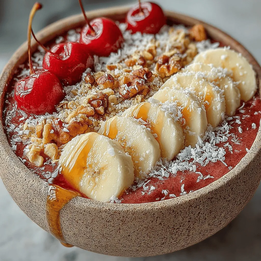 The Cherry Bliss Smoothie Bowl is not just another breakfast option; it’s a vibrant and nourishing dish that can elevate your mornings or serve as a refreshing snack at any time of the day. This delightful recipe combines the rich flavors of cherries and bananas with the creamy texture of Greek yogurt, resulting in a smoothie bowl that is as beautiful as it is nutritious. Not only does it taste fantastic, but it also packs a punch in terms of health benefits, making it a perfect choice for those who want to indulge without compromising their wellness goals.