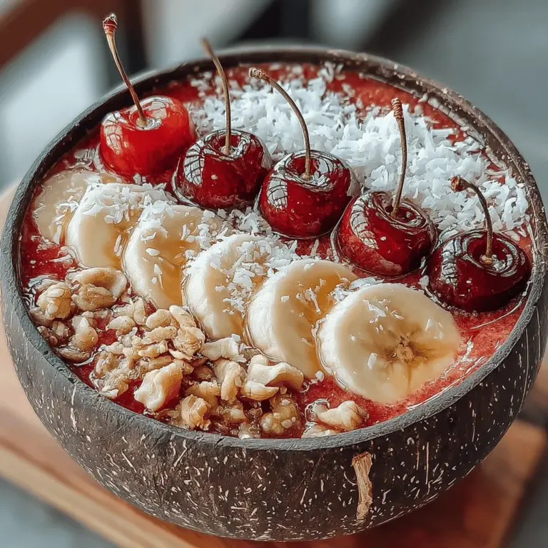 The Cherry Bliss Smoothie Bowl is not just another breakfast option; it’s a vibrant and nourishing dish that can elevate your mornings or serve as a refreshing snack at any time of the day. This delightful recipe combines the rich flavors of cherries and bananas with the creamy texture of Greek yogurt, resulting in a smoothie bowl that is as beautiful as it is nutritious. Not only does it taste fantastic, but it also packs a punch in terms of health benefits, making it a perfect choice for those who want to indulge without compromising their wellness goals.
