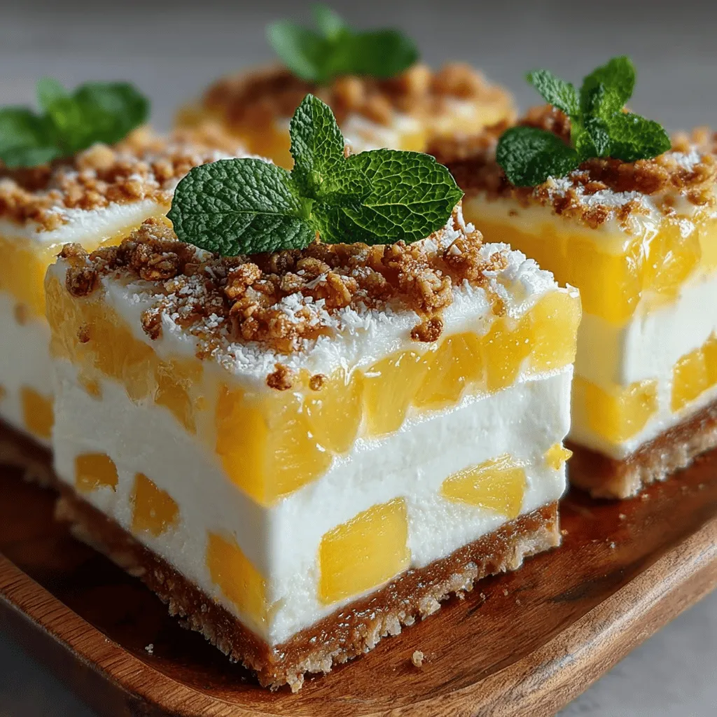 As the sun shines and temperatures rise, there's nothing quite like a refreshing dessert to elevate your mood and satisfy your sweet tooth. Enter <strong></noscript>Tropical Bliss: Frozen Pineapple Vanilla Cream Slices, a delightful treat that captures the essence of summer in every bite. This recipe is a celebration of tropical flavors, bringing together the sweetness of fresh pineapple, the creamy richness of coconut, and the smoothness of vanilla yogurt. What’s more, it’s an easy-to-make dessert that provides a guilt-free indulgence, perfect for warm days or whenever you’re yearning for a sweet escape.” /></p>
<p></p>
<h2>Preparing the Pineapple for Optimal Flavor</h2>
<p></p>
<p>To create the perfect Tropical Bliss Frozen Pineapple Vanilla Cream Slices, the foundation of your dessert starts with the pineapple. Selecting ripe, juicy pineapples is crucial, as their natural sweetness enhances the overall flavor profile. However, it’s equally important to manage the moisture content to prevent sogginess in your dessert.</p>
<p></p>
<h3>Techniques for Draining Excess Juice to Prevent Sogginess</h3>
<p></p>
<p>First, after cutting your pineapple into bite-sized chunks, place them in a strainer over a bowl. Allow the pineapple to sit for about 20-30 minutes. This process lets the excess juice drain away, ensuring that your cream mixture remains thick and creamy rather than watery. Alternatively, you can gently pat the chunks dry using a clean kitchen towel or paper towels, absorbing any surface moisture.</p>
<p></p>
<p>Once you’ve prepared your pineapple, you’re ready to move on to crafting the perfect cream mixture.</p>
<p></p>
<h2>Crafting the Perfect Cream Mixture</h2>
<p></p>
<p>The cream mixture is where the magic happens. This dessert’s luscious texture and flavor come from the balance of creaminess and the fruity notes of pineapple.</p>
<p></p>
<h3>The Significance of Whisking for a Smooth Texture</h3>
<p></p>
<p>Start by combining your heavy whipping cream and vanilla extract in a large mixing bowl. Using an electric mixer, whisk the cream on medium speed until soft peaks form. This process is essential; it incorporates air into the cream, resulting in a light, fluffy texture. Be careful not to over-whisk, as this can lead to a grainy consistency or even butter.</p>
<p></p>
<p>Next, gently fold in your sweetened condensed milk. This adds sweetness and creaminess to the mixture without compromising the airy texture you’ve created. Remember, when folding, you should use a spatula to gently lift and turn the mixture. This technique helps maintain that lightness you achieved during whisking.</p>
<p></p>
<h2>Combining Ingredients for a Harmonious Blend</h2>
<p></p>
<p>Once your cream mixture is ready, it’s time to incorporate the pineapple.</p>
<p></p>
<h3>Tips for Folding in Ingredients Without Losing Airiness</h3>
<p></p>
<p>Add the drained pineapple chunks to the whipped cream mixture. Use a gentle folding motion to combine the ingredients, being careful to preserve the airiness. The key here is to avoid stirring vigorously, as this can deflate the whipped cream. Instead, rotate the bowl while lifting the mixture from the bottom and gently blending it with the pineapple.</p>
<p></p>
<h3>Optional Granola: Adding Texture and Crunch to the Dessert</h3>
<p></p>
<p>For an added layer of texture and flavor, consider folding in crushed granola at this stage. The granola not only contributes a delightful crunch but also complements the tropical flavors wonderfully. If you’re aiming for a healthier option, look for granola that is low in sugar or make your own at home!</p>
<p></p>
<h2>Molding and Freezing</h2>
<p></p>
<p>With your creamy pineapple mixture ready, it’s time to mold and freeze it.</p>
<p></p>
<h3>Why Parchment Paper is Essential for Easy Removal</h3>
<p></p>
<p>Line a loaf pan or any mold of your choice with parchment paper, allowing some overhang on the sides. This step is crucial for easy removal once the dessert is frozen. If you skip this, you may find it challenging to extract your frozen slices without damaging them.</p>
<p></p>
<h3>Best Practices for Filling the Mold Evenly</h3>
<p></p>
<p>Pour the pineapple cream mixture into the prepared mold, using a spatula to spread it evenly. Be sure to tap the mold gently on the counter to remove any air pockets, ensuring a uniform consistency throughout. Smooth the top with the spatula for a polished look.</p>
<p></p>
<h2>Achieving the Perfect Freeze</h2>
<p></p>
<p>Now, it’s time to freeze your creation. Understanding freezing times can significantly affect the final texture of your dessert.</p>
<p></p>
<h3>Understanding Freezing Times and How They Affect Texture</h3>
<p></p>
<p>Freeze the mixture for at least 4-6 hours, or until it is firm. The longer it freezes, the more solid and sliceable it will become. However, if left too long, you may need to let it sit at room temperature for a few minutes before slicing to avoid a hard, icy texture.</p>
<p></p>
<h2>Serving Suggestions</h2>
<p></p>
<p>Once your Tropical Bliss Frozen Pineapple Vanilla Cream Slices have set, it’s time to serve and impress!</p>
<p></p>
<h3>Presentation Ideas for an Appealing Dessert</h3>
<p></p>
<p>For an eye-catching presentation, slice the frozen mixture into thick pieces. Arrange them on a beautiful serving platter, and consider garnishing each slice with fresh mint leaves. This not only adds a pop of color but also a refreshing aroma that enhances the tropical experience.</p>
<p></p>
<h3>Pairing Suggestions: Ideal Beverages to Accompany the Slices</h3>
<p></p>
<p>To elevate your dessert experience, pair these creamy slices with a refreshing beverage. A light, tropical fruit punch or a chilled glass of coconut water can complement the flavors beautifully. Alternatively, a simple iced tea with a hint of lemon or a sparkling water with lime can balance the sweetness perfectly.</p>
<p></p>
<h2>Nutritional Information</h2>
<p></p>
<p>Understanding the nutritional profile of your dessert can help you enjoy it guilt-free.</p>
<p></p>
<h3>Breaking Down the Health Benefits of Individual Ingredients</h3>
<p></p>
<p>Each serving of Tropical Bliss Frozen Pineapple Vanilla Cream Slices provides a delightful mix of nutrients. Pineapple is rich in vitamin C, manganese, and bromelain, which may aid digestion and have anti-inflammatory properties.</p>
<p></p>
<p>The heavy cream adds a dose of calcium and healthy fats; however, it’s wise to enjoy this dessert in moderation due to its caloric content. Sweetened condensed milk, while adding sweetness, also contributes to the overall calorie count, so be mindful of the portion sizes.</p>
<p></p>
<h3>Caloric Content and Nutritional Value Per Serving</h3>
<p></p>
<p>On average, one slice (approximately 1/10th of the recipe) contains approximately 210 calories, with 10 grams of fat, 30 grams of carbohydrates, and 3 grams of protein. This makes it a treat you can include in a balanced diet, especially on those hot summer days when you crave something refreshing.</p>
<p></p>
<h2>Conclusion</h2>
<p></p>
<p>Tropical Bliss: Frozen Pineapple Vanilla Cream Slices is not just a dessert; it’s a refreshing experience that transports you to a sun-soaked paradise with each bite. With its simple yet satisfying ingredients, this recipe offers a delicious way to indulge your sweet tooth while keeping things light and healthy. Perfect for gatherings, family treats, or personal enjoyment, these frozen slices are sure to become a beloved staple in your dessert repertoire. So, gather your ingredients, channel your inner chef, and prepare to savor the tropical flavors of this delightful treat!</p>
<div id=