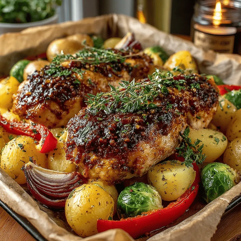 <strong></noscript>Introduction” /></p>
<p></p>
<p>Cooking at the right temperature can transform a dish, and for this One-Pan Maple Dijon Chicken & Veggies recipe, the magic happens at 400°F (200°C). This temperature is optimal for achieving perfectly cooked chicken and tender, flavorful vegetables while ensuring everything is done simultaneously.</p>
<p></p>
<h2>Baking at 400°F (200°C)</h2>
<p></p>
<p>Baking at 400°F allows for a quick cooking time without sacrificing flavor or texture. At this temperature, the chicken cooks through evenly, resulting in juicy, tender meat. It also helps to caramelize the vegetables, enhancing their natural sweetness and flavor. The high heat creates a lovely balance, enabling the chicken skin to crisp up while the veggies become beautifully roasted.</p>
<p></p>
<h3>The Effect on Ingredients</h3>
<p></p>
<p>When you bake at 400°F, the moisture within the chicken is sealed in, preventing it from drying out. The heat causes the proteins in the chicken to break down, resulting in a tender piece of meat that can be easily shredded or sliced. Meanwhile, the vegetables absorb the maple Dijon glaze, creating a delicious medley of flavors. Carrots and bell peppers, for instance, will become slightly charred, bringing out their natural sweetness, while broccoli and green beans maintain their vibrant color and crunch.</p>
<p></p>
<h3>Arranging Ingredients on the Baking Sheet</h3>
<p></p>
<p>To ensure even cooking and optimal flavor absorption, it’s crucial to arrange your ingredients thoughtfully on the baking sheet. Spread the chicken pieces in the center while placing the vegetables around them. This arrangement is not only practical but also visually appealing, showcasing a colorful palette of roasted veggies alongside the golden-brown chicken. Avoid overcrowding the pan; if there’s not enough space for the ingredients, they will steam instead of roast, compromising their texture and flavor.</p>
<p></p>
<h3>The Visual Appeal and Cooking</h3>
<p></p>
<p>The vibrant colors of the vegetables, combined with the golden hue of the chicken, make for a stunning presentation. As the dish bakes, the aroma wafts through your kitchen, hinting at the deliciousness to come. The visual appeal is an integral part of the dining experience, and a well-arranged sheet pan meal is sure to impress both family and guests alike.</p>
<p></p>
<h2>Broiling for a Golden Crust</h2>
<p></p>
<p>To achieve that coveted golden crust, broiling is your best friend. After the chicken and vegetables have cooked through, switch your oven to the broil setting for the last few minutes of cooking. Keep a close eye on the dish as it broils, as it can quickly go from beautifully browned to burnt. The high, direct heat from the broiler will create a crispy outer layer on the chicken while enhancing the caramelization of the veggies.</p>
<p></p>
<h2>Nutritional Value of the Dish</h2>
<p></p>
<p>One-Pan Maple Dijon Chicken & Veggies is not only delicious but also packed with nutritional benefits. This meal provides a well-rounded profile that can fit into various healthy eating plans.</p>
<p></p>
<h3>Overview of Nutritional Profile</h3>
<p></p>
<p>A single serving of this dish typically contains around:</p>
<p>– <strong>Calories</strong>: 350-450, depending on the portion of chicken and vegetables.</p>
<p>– <strong>Protein</strong>: Approximately 35-40g, thanks to the lean chicken breast.</p>
<p>– <strong>Fats</strong>: Around 10-15g, primarily from the olive oil and any fat rendered from the chicken.</p>
<p>– <strong>Carbohydrates</strong>: Roughly 30-35g, mainly from the vegetables and any added grains.</p>
<p>– <strong>Key Vitamins</strong>: Rich in Vitamin A (from carrots), Vitamin C (from bell peppers), and various B vitamins (from chicken and other vegetables).</p>
<p></p>
<h3>Benefits of a Balanced Meal</h3>
<p></p>
<p>This dish is an excellent example of a balanced meal featuring lean protein and a variety of colorful vegetables, which are crucial for a healthy diet. The combination ensures you’re getting essential nutrients while maintaining a satisfying meal. Lean proteins like chicken help in muscle repair and growth, while the vegetables provide fiber, aiding in digestion and contributing to overall health.</p>
<p></p>
<p>Incorporating this dish into your weekly meal plan can help you stay on track with your health goals. It’s an easy way to ensure you’re enjoying wholesome, homemade food without spending hours in the kitchen.</p>
<p></p>
<h2>Serving Suggestions</h2>
<p></p>
<p>When it comes to serving One-Pan Maple Dijon Chicken & Veggies, the options are plentiful. Here are some ideas to elevate your meal:</p>
<p></p>
<h3>Complementary Side Dishes</h3>
<p></p>
<p>1. <strong>Quinoa or Brown Rice</strong>: These whole grains make a perfect base for the chicken and veggies, soaking up the delicious maple Dijon sauce.</p>
<p>2. <strong>Garlic Mashed Potatoes</strong>: Creamy mashed potatoes provide a comforting touch and pair well with the flavors of the dish.</p>
<p>3. <strong>Green Salad</strong>: A fresh salad with mixed greens, cherry tomatoes, and a light vinaigrette can balance the richness of the chicken.</p>
<p></p>
<h3>Presentation Tips</h3>
<p></p>
<p>For entertaining guests, consider plating the chicken and veggies on a large serving platter. Drizzle a bit of extra maple glaze over the top for a glossy finish and garnish with fresh herbs like parsley or thyme for added color. This simple yet elegant presentation will impress your guests and make the meal feel special.</p>
<p></p>
<h2>Variations to Try</h2>
<p></p>
<p>One of the best aspects of the One-Pan Maple Dijon Chicken & Veggies recipe is its versatility. Here are some variations and substitutions to keep things interesting:</p>
<p></p>
<h3>Ingredient Substitutions</h3>
<p></p>
<p>– <strong>Alternative Proteins</strong>: Swap chicken for turkey or tofu for a vegetarian option. Tofu absorbs flavors well and can be marinated to add depth.</p>
<p>– <strong>Seasonal Vegetables</strong>: Feel free to mix and match vegetables based on what’s in season. Zucchini, asparagus, or Brussels sprouts can add unique flavors and textures.</p>
<p>– <strong>Flavor Adjustments</strong>: Modify the sweetness by adjusting the amount of maple syrup or the tanginess by increasing the Dijon mustard. This allows you to customize the dish to your taste preferences.</p>
<p></p>
<h2>Conclusion</h2>
<p></p>
<p>The One-Pan Maple Dijon Chicken & Veggies is a delightful and convenient meal that combines ease of preparation with delicious flavors. With its perfect balance of protein and vegetables, this dish not only satisfies the palate but also supports a healthy lifestyle. Whether you’re cooking for your family or entertaining guests, this recipe is sure to impress.</p>
<p></p>
<p>I encourage you to try this recipe and experience the joy of creating simple, healthy meals at home. Cooking doesn’t have to be complicated; with a bit of creativity and the right ingredients, you can whip up something special that everyone will love. Enjoy the process, and happy cooking!</p>
<div id=