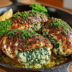 If you're looking for a dish that beautifully marries flavor with nutrition, Cheesy Spinach Stuffed Chicken Breasts is your answer. This recipe offers a delectable combination of tender chicken filled with a creamy, cheesy mixture of spinach, making it not only a feast for the taste buds but also a wholesome meal that incorporates greens. The rich, savory flavors of cream cheese, mozzarella, and Parmesan meld together with the earthy taste of spinach, creating an indulgent yet balanced dish that will impress both family and guests alike.